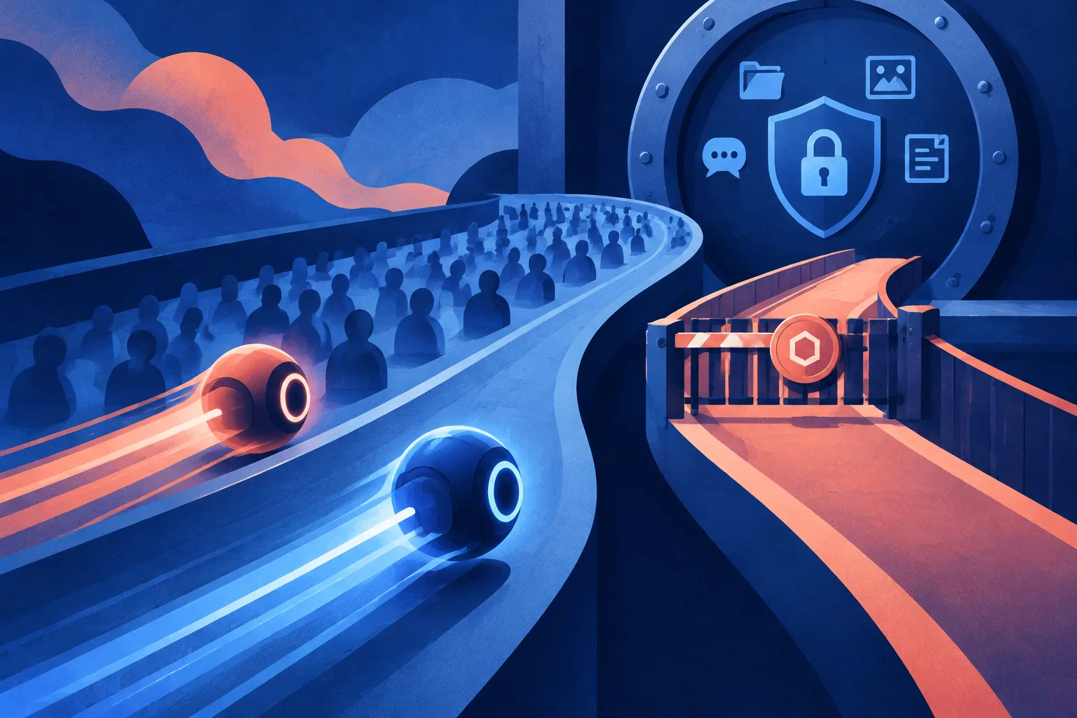 Two rival AI assistants race toward a locked vault representing consumer trust.