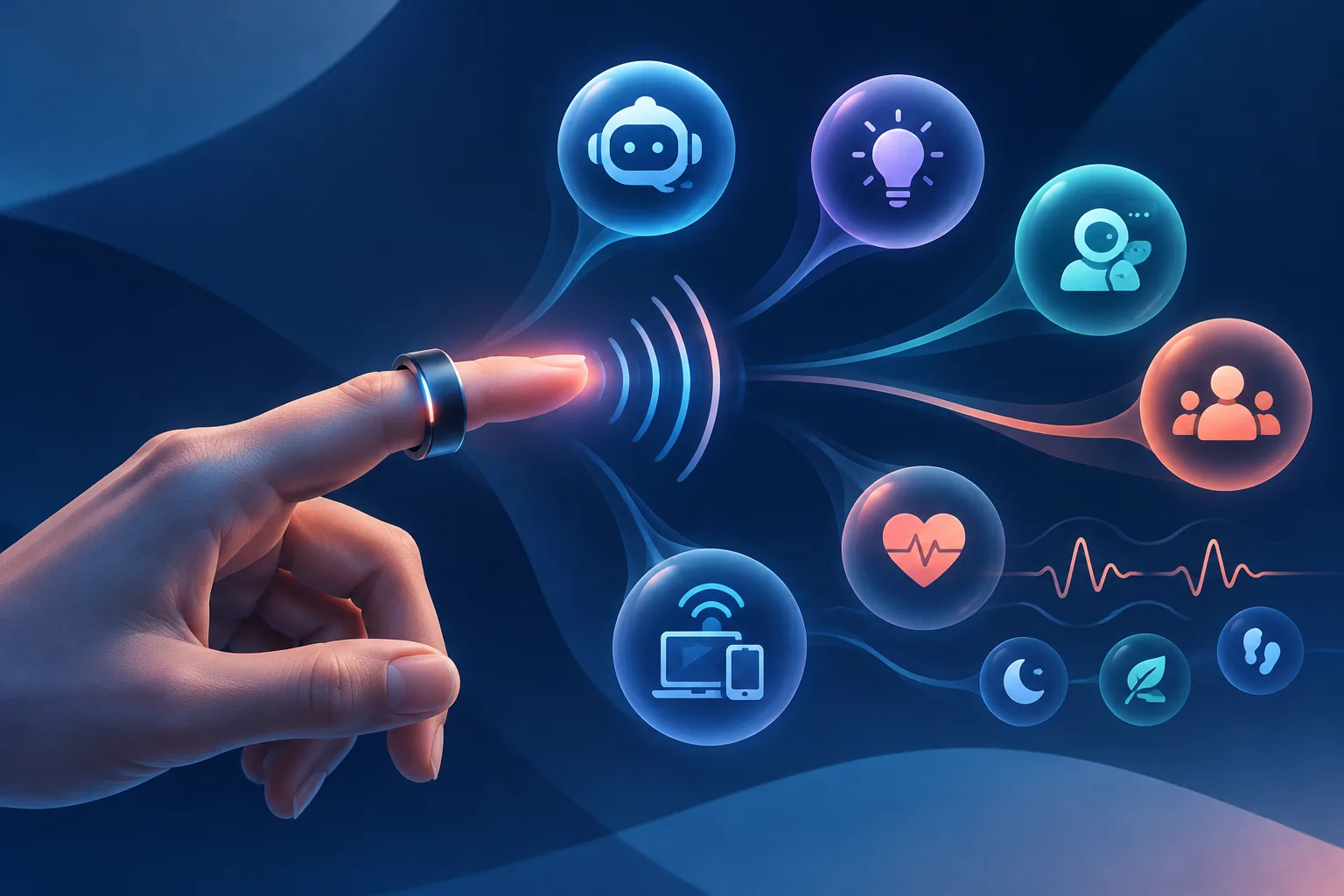 A glowing smart ring connects a fingertip to AI agents and health signals.