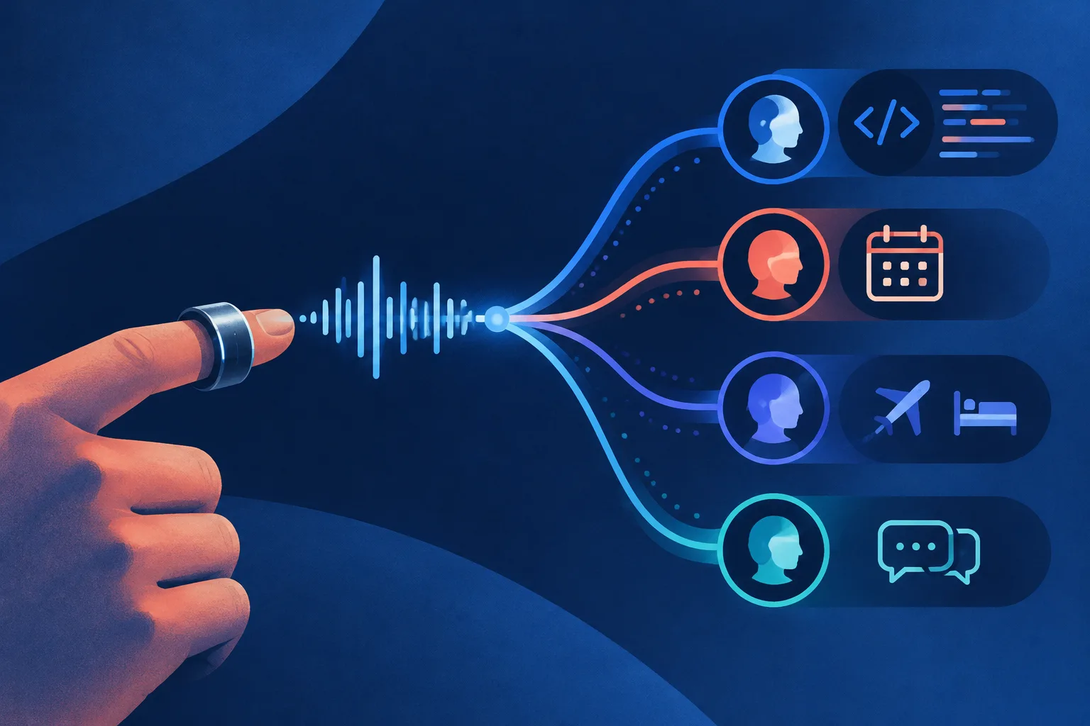 A smart ring routes one voice request toward several types of AI tasks.