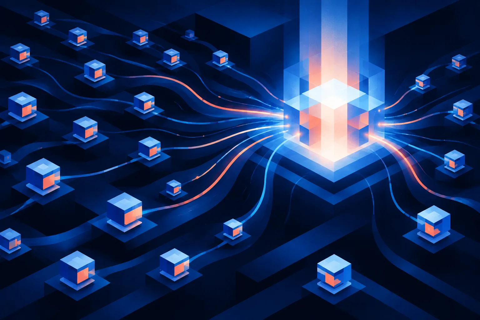 Replicating open-source agent modules converge on a bright shared network hub.