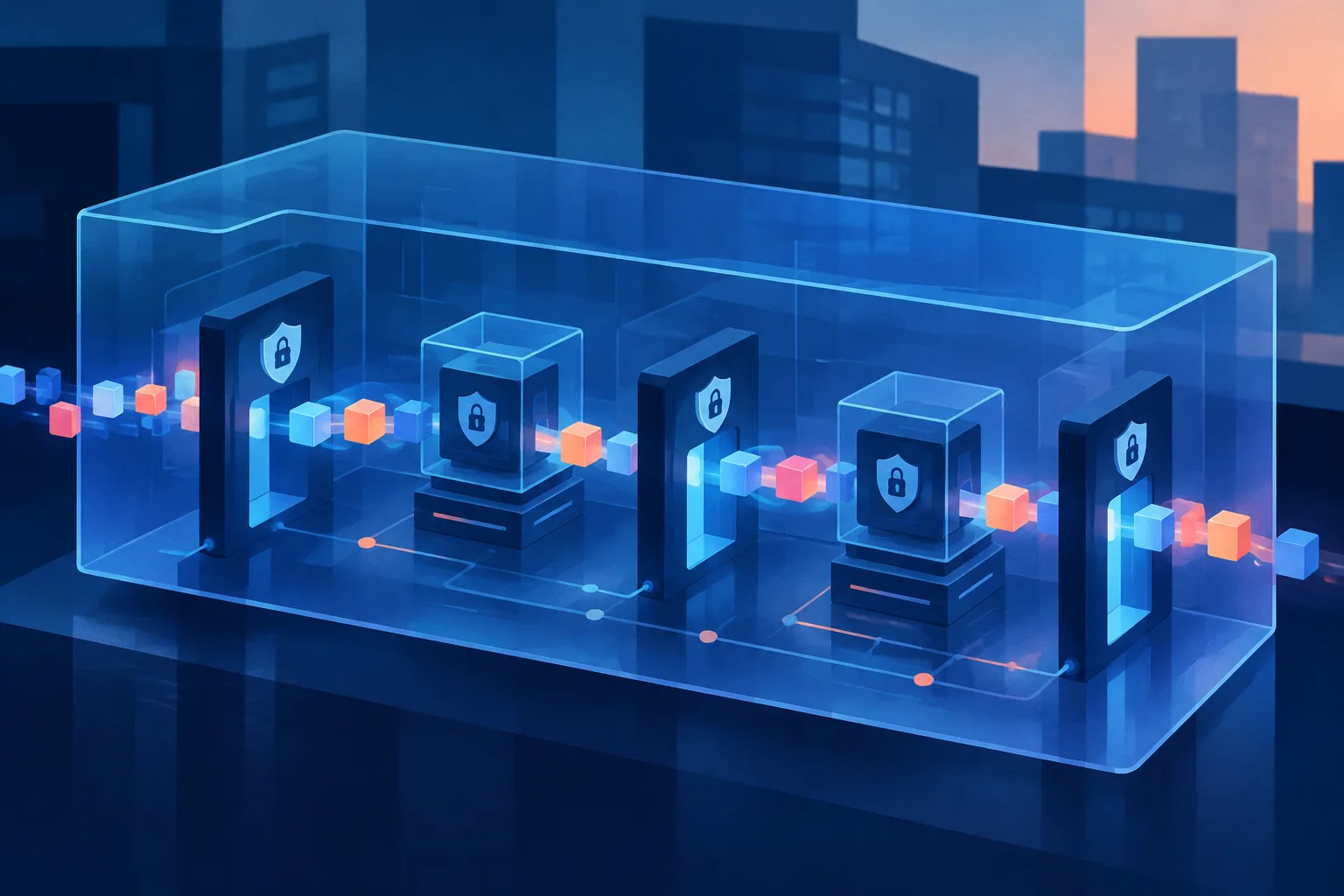 Work tokens move through guarded checkpoints inside a secure enterprise container.
