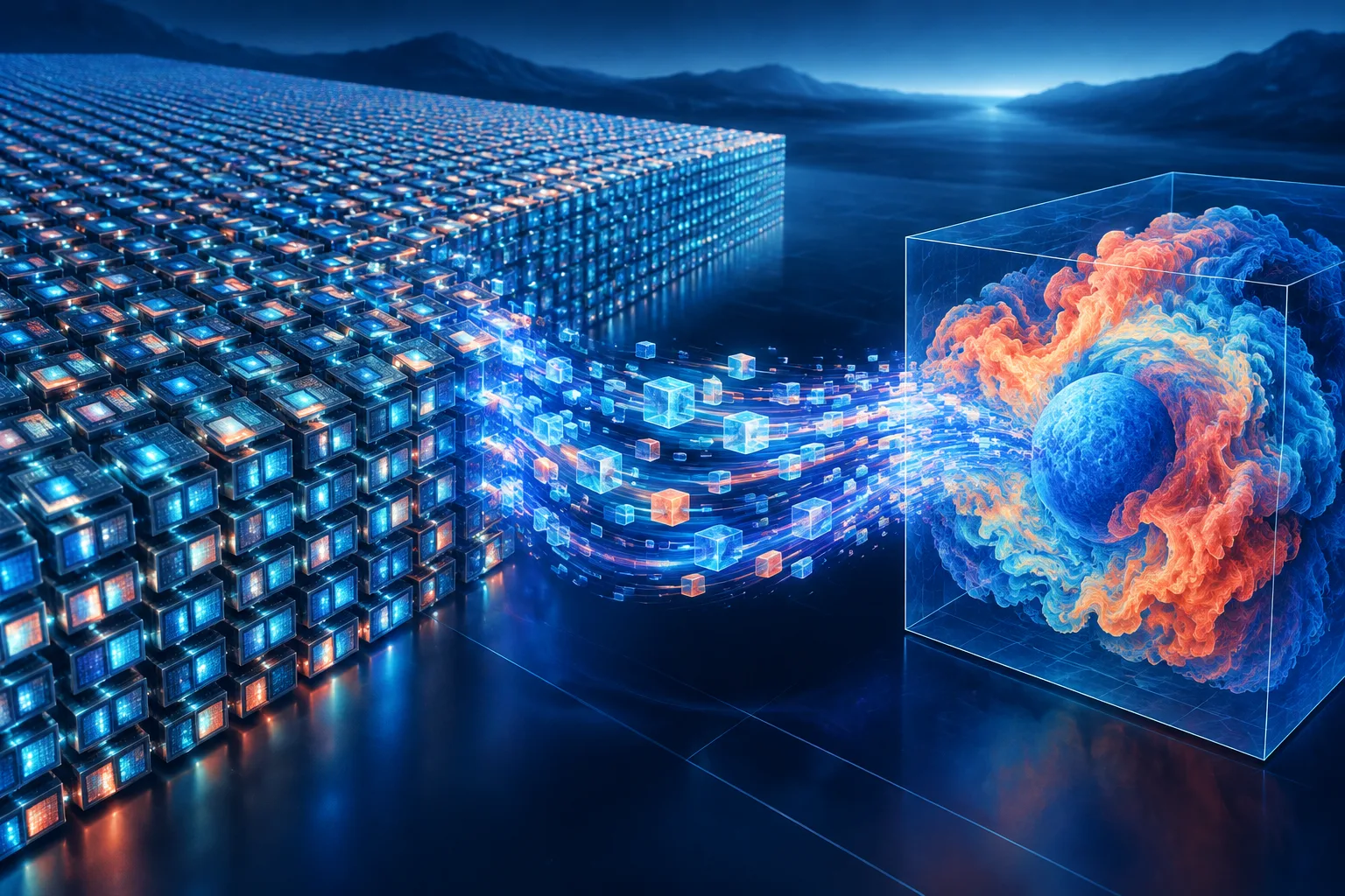 Thousands of processor tiles combine into an AI-focused scientific computing engine.