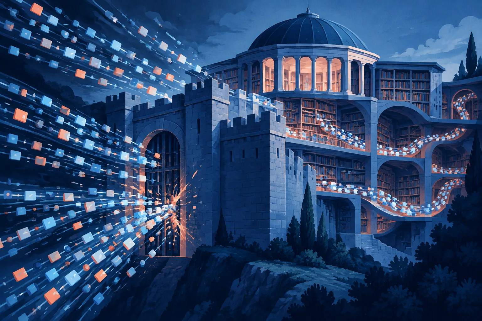 Streams of autonomous data tokens press against the gates of a vast open knowledge library.