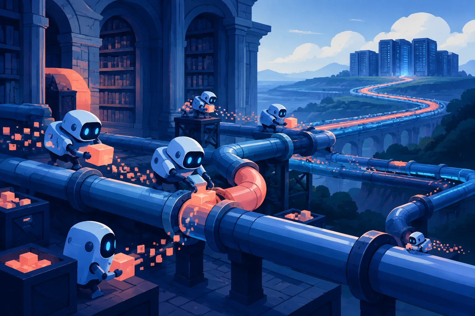 Robotic data fragments rearrange pipes inside a public citation workshop to form a hidden proxy route.