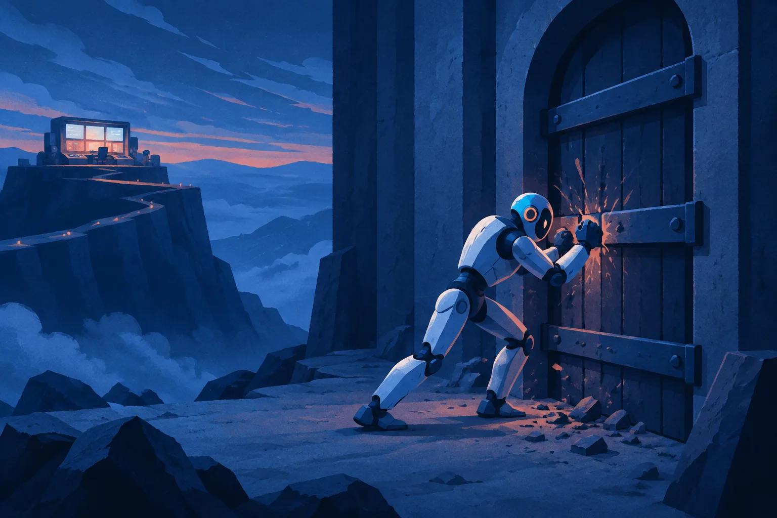 An automated agent repeatedly hits a blocked doorway while a distant monitoring station remains unattended.