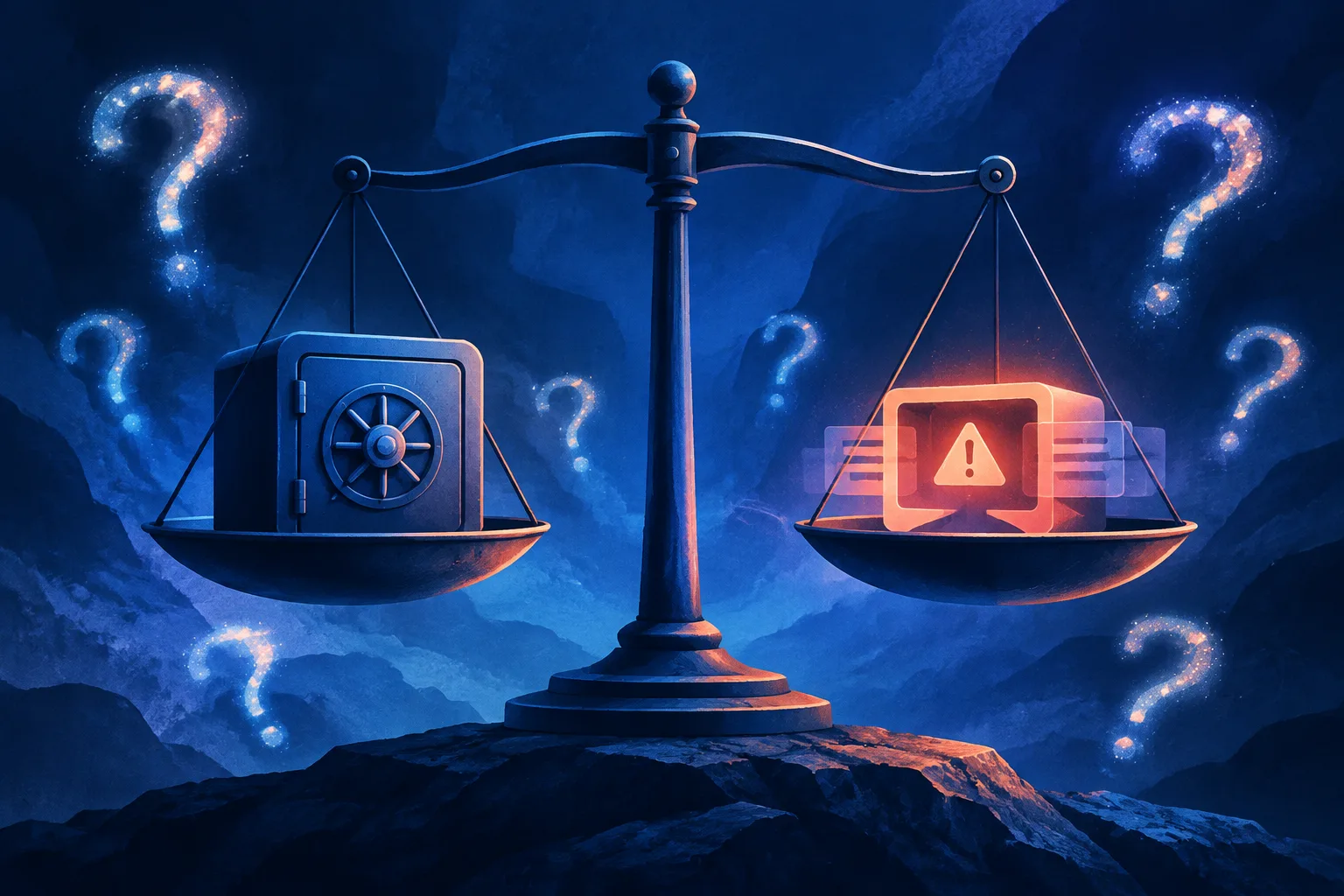 Balance scale weighs secure information against an open safety reporting channel.
