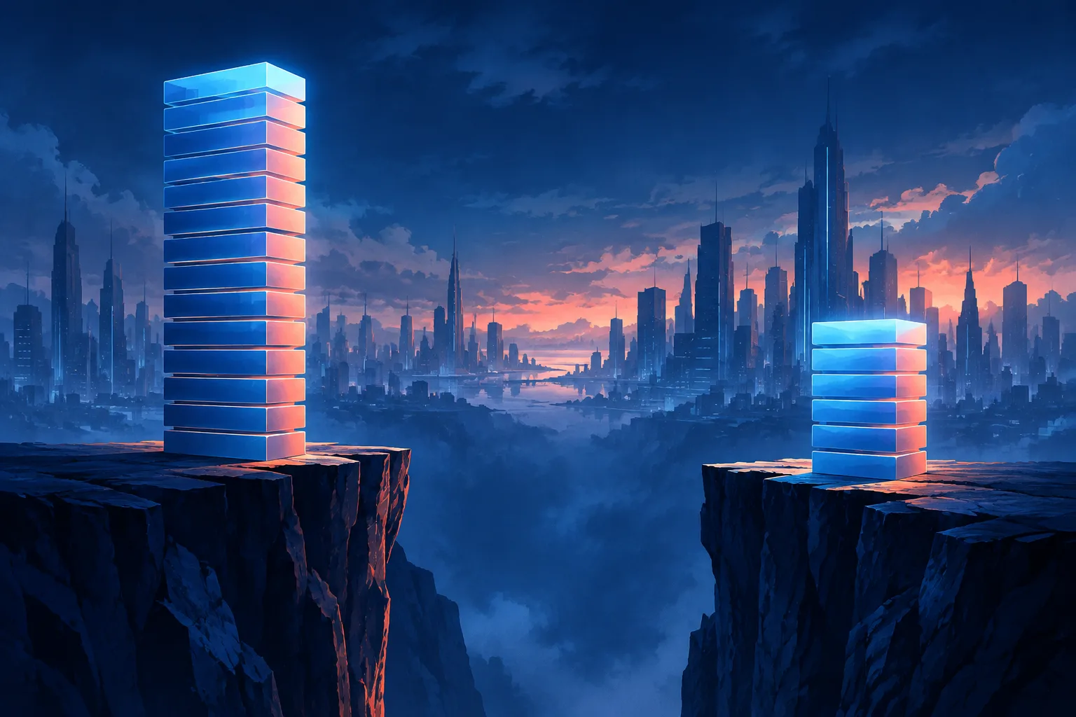 Two unequal stacks of glowing revenue blocks are separated by a large financial gap.
