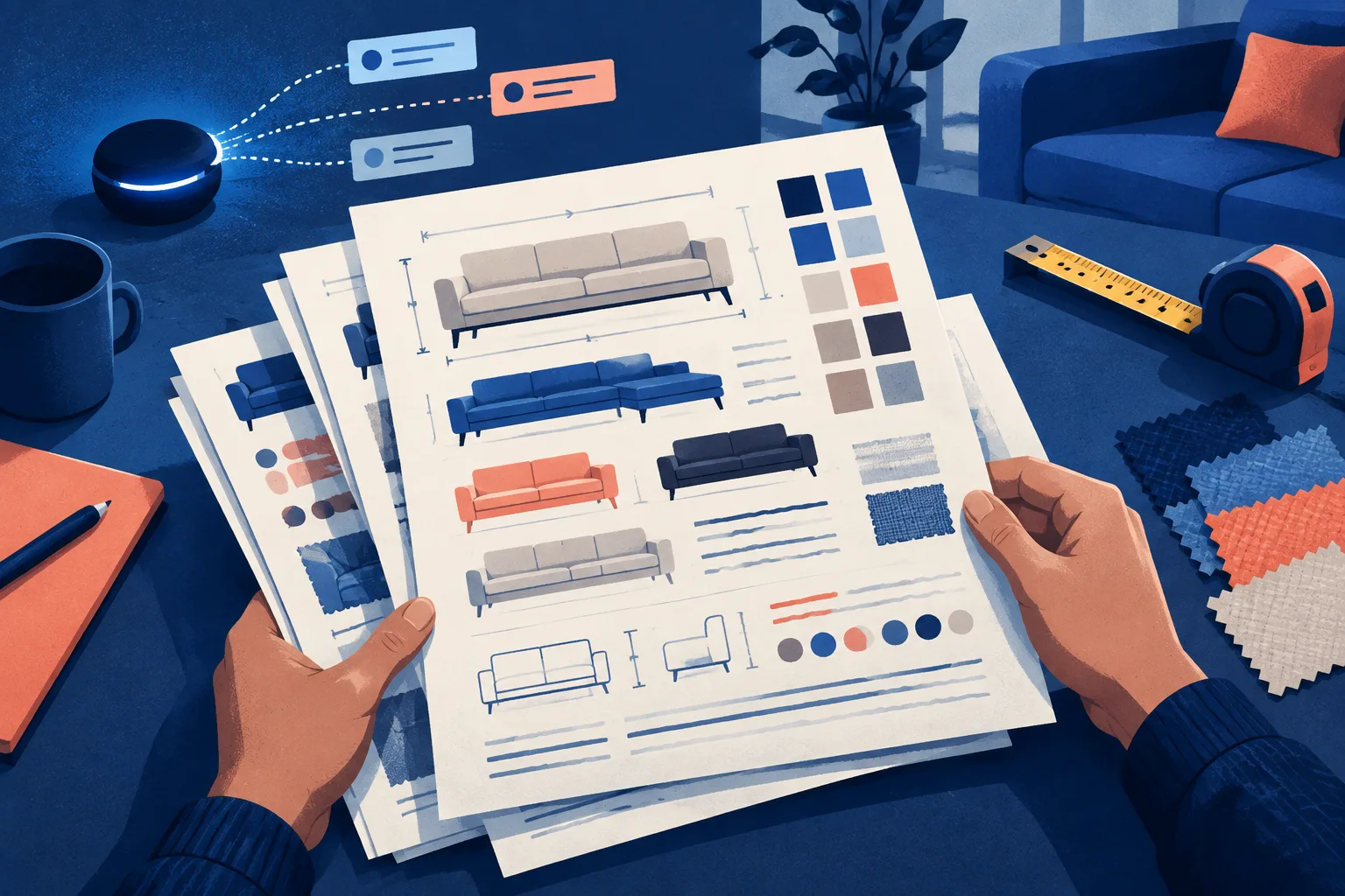 Anonymous hands review a furniture research packet with couch silhouettes and measurements.