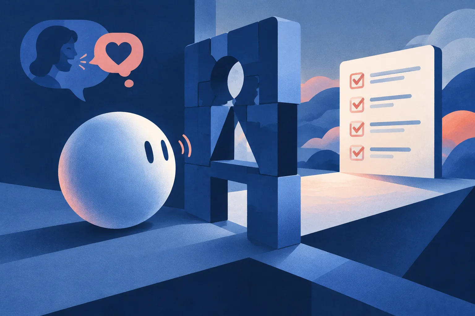 An abstract digital agent is stopped by a geometric puzzle gate during an online task.