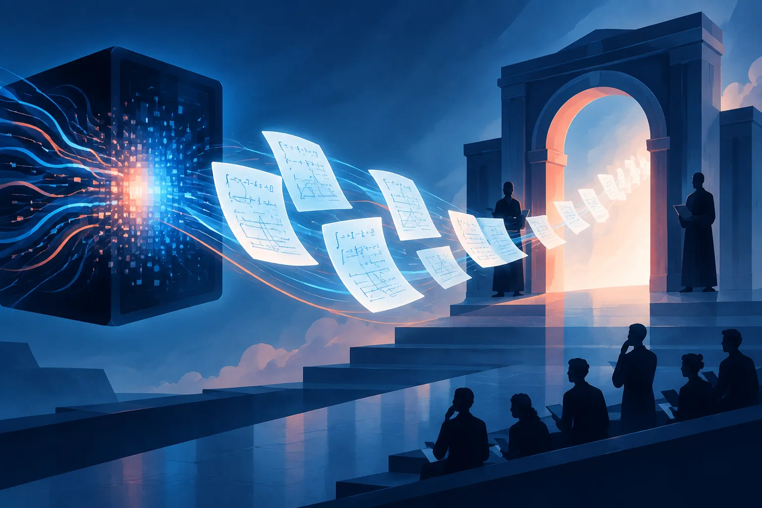 Abstract AI-generated proofs moving toward a guarded peer-review gateway.