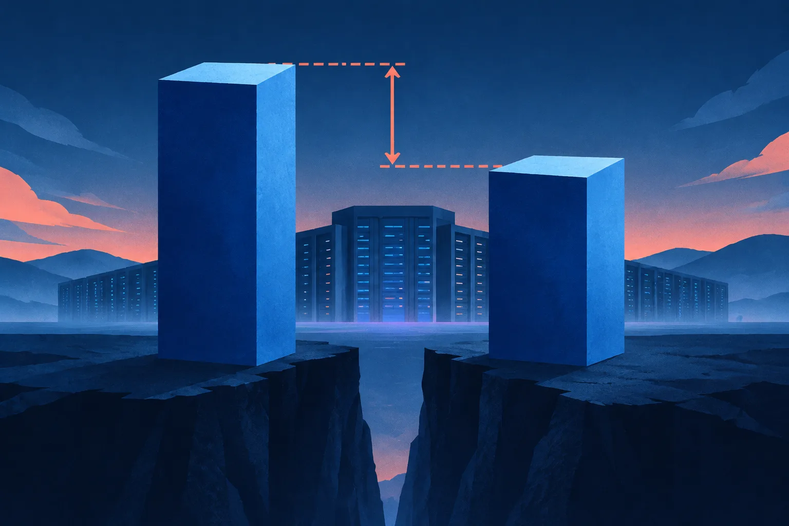 Two abstract revenue towers are separated by a large financial gap.