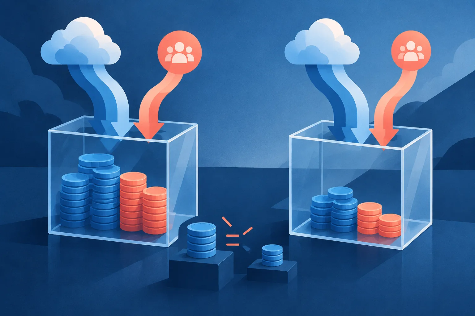 Different sales streams flow into two mismatched accounting totals.