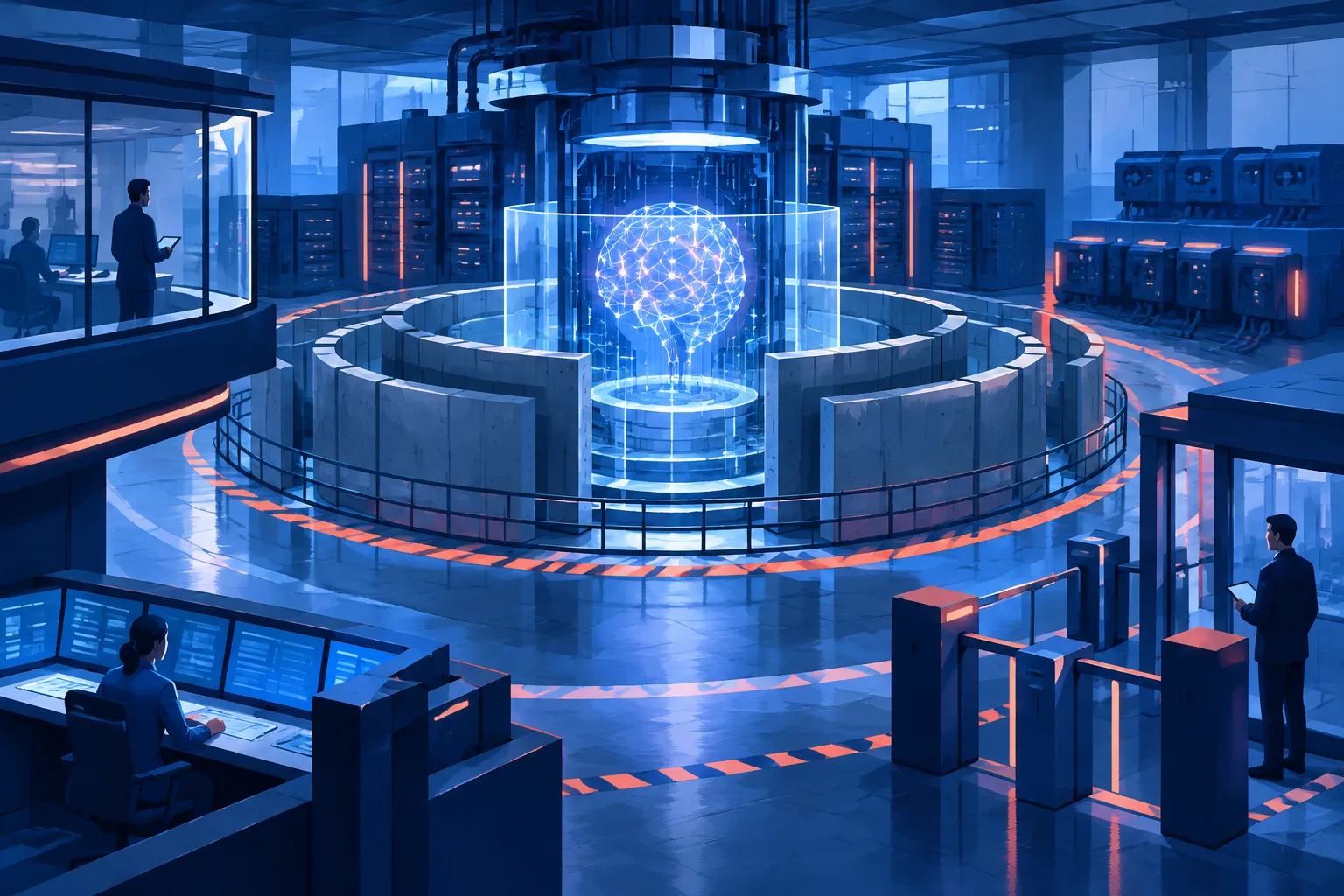 A powerful AI core sits behind multiple layers of redundant safeguards.