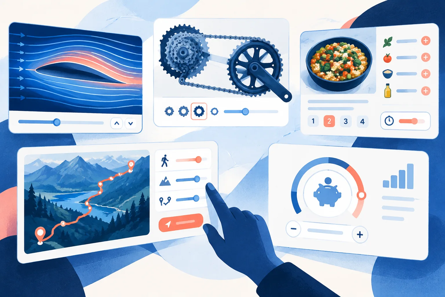 Visual learning tools show airflow, bicycle mechanics, a recipe, a route, and savings.