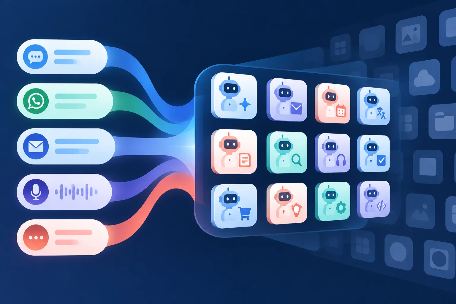 Messaging pathways become a network of AI agent services as app tiles fade.