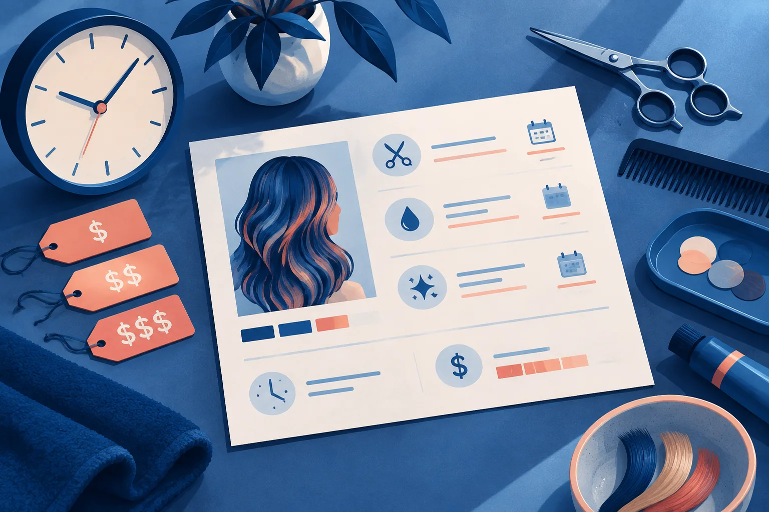 Salon plan with timing, price, and maintenance symbols.