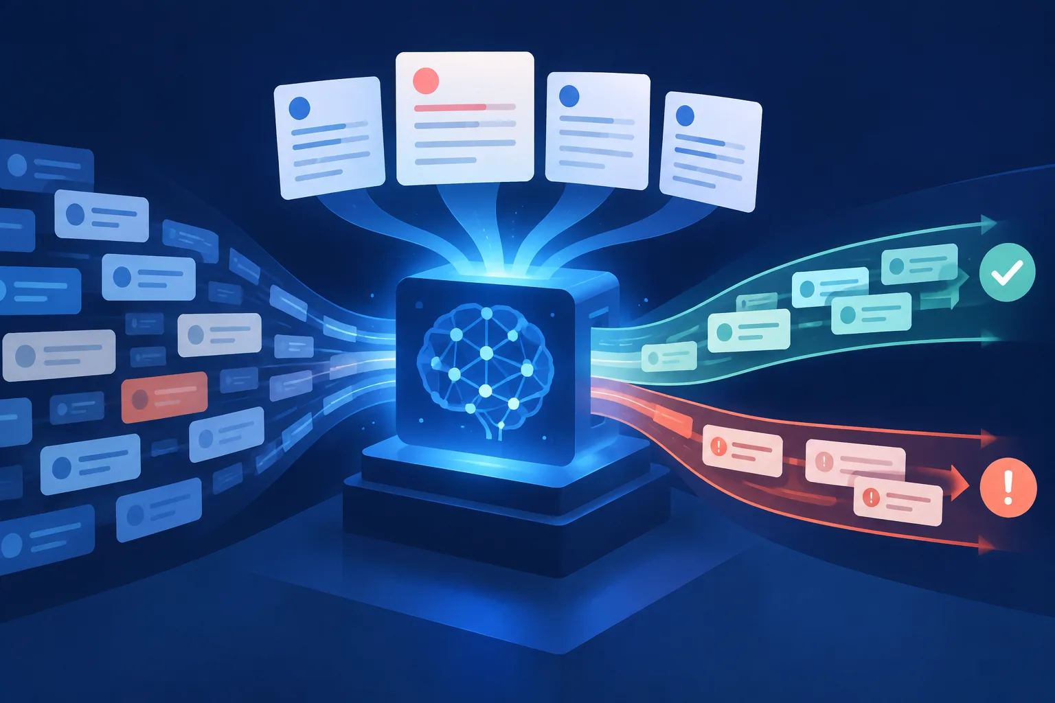 A compact AI decision engine sorts anonymous messages according to plain-language policy cards.