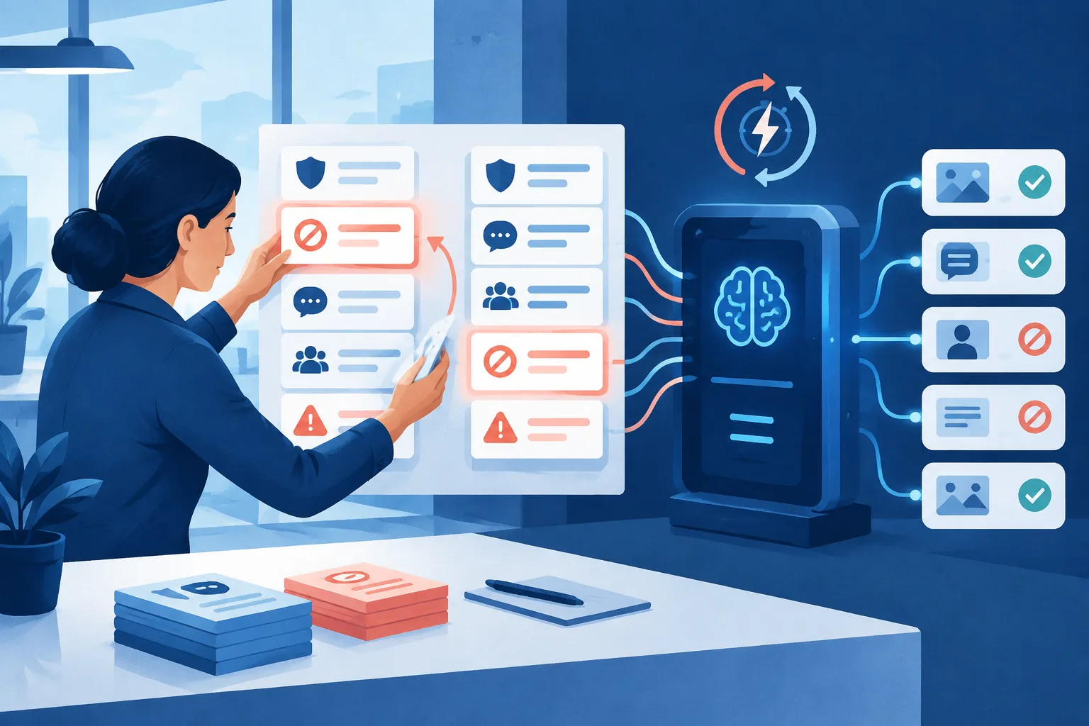 A policy editor changes rule cards while a connected moderation system updates without retraining.