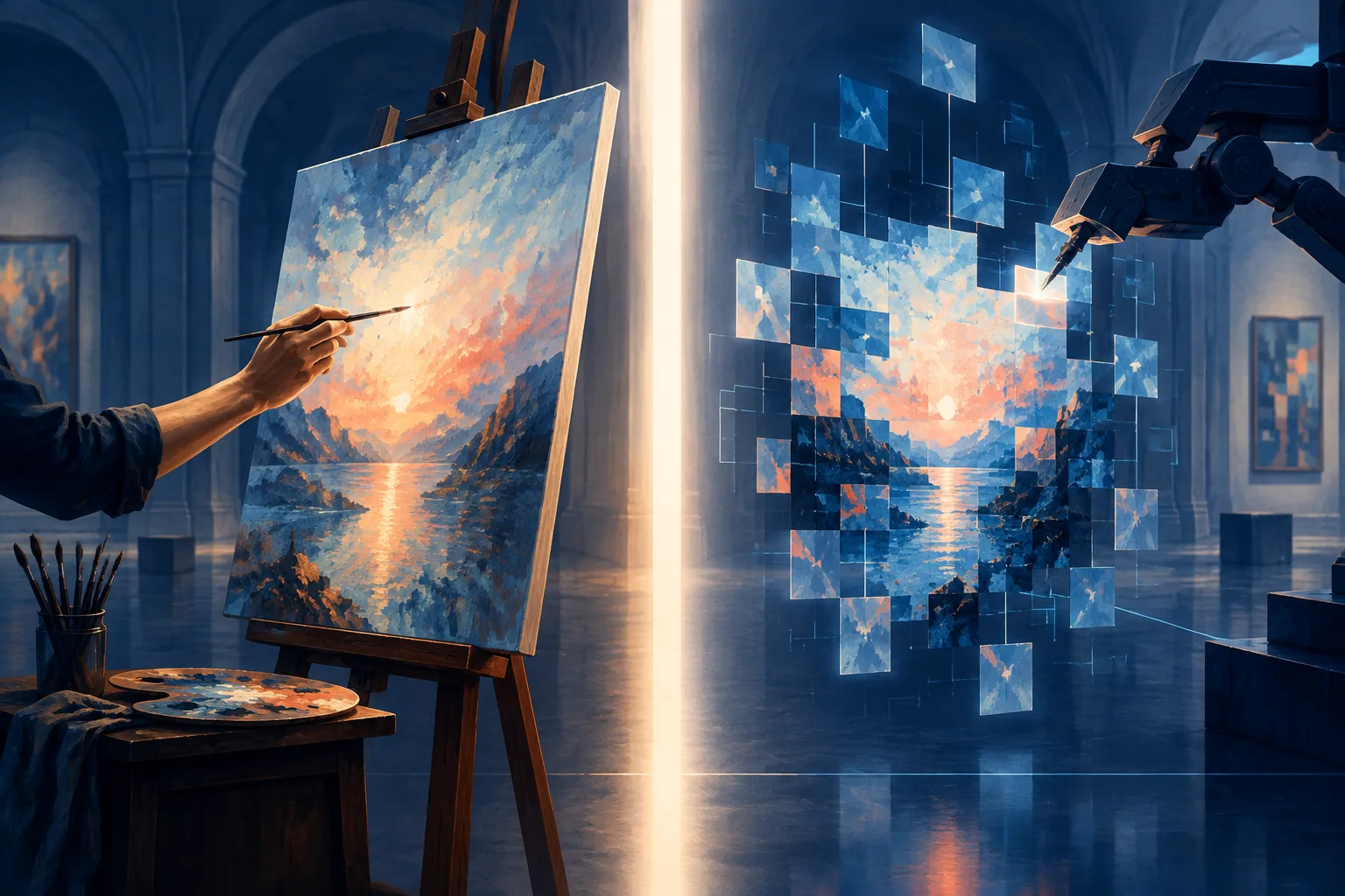 Human painting and machine-assembled imagery are divided by a beam of light.