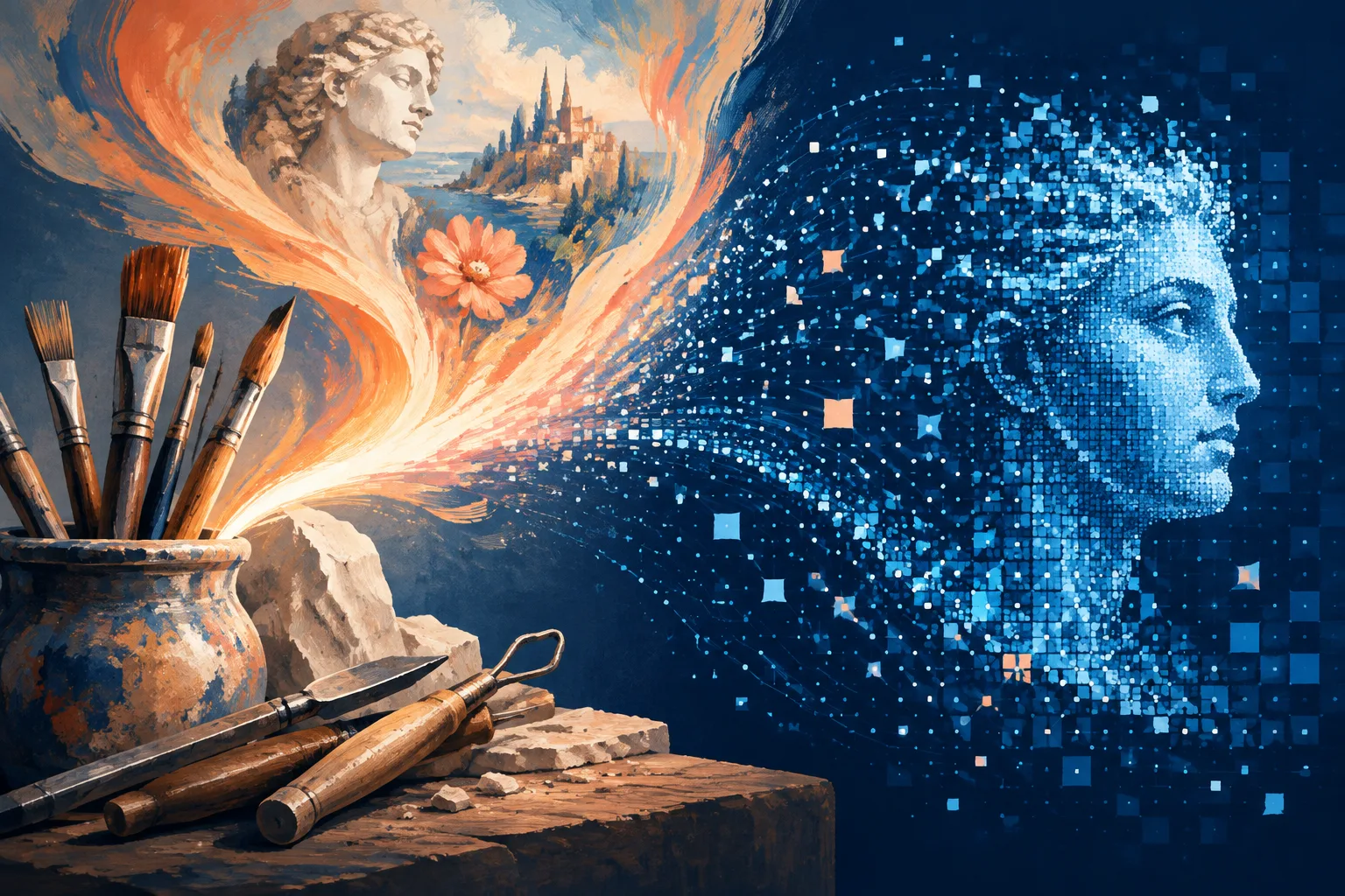 A human creative spark rises apart from a field of machine-generated particles.