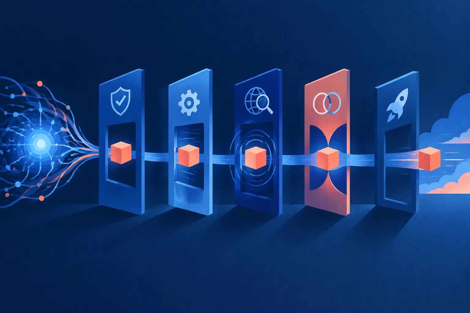 Editorial illustration of an AI action moving through separate governance and verification gates.