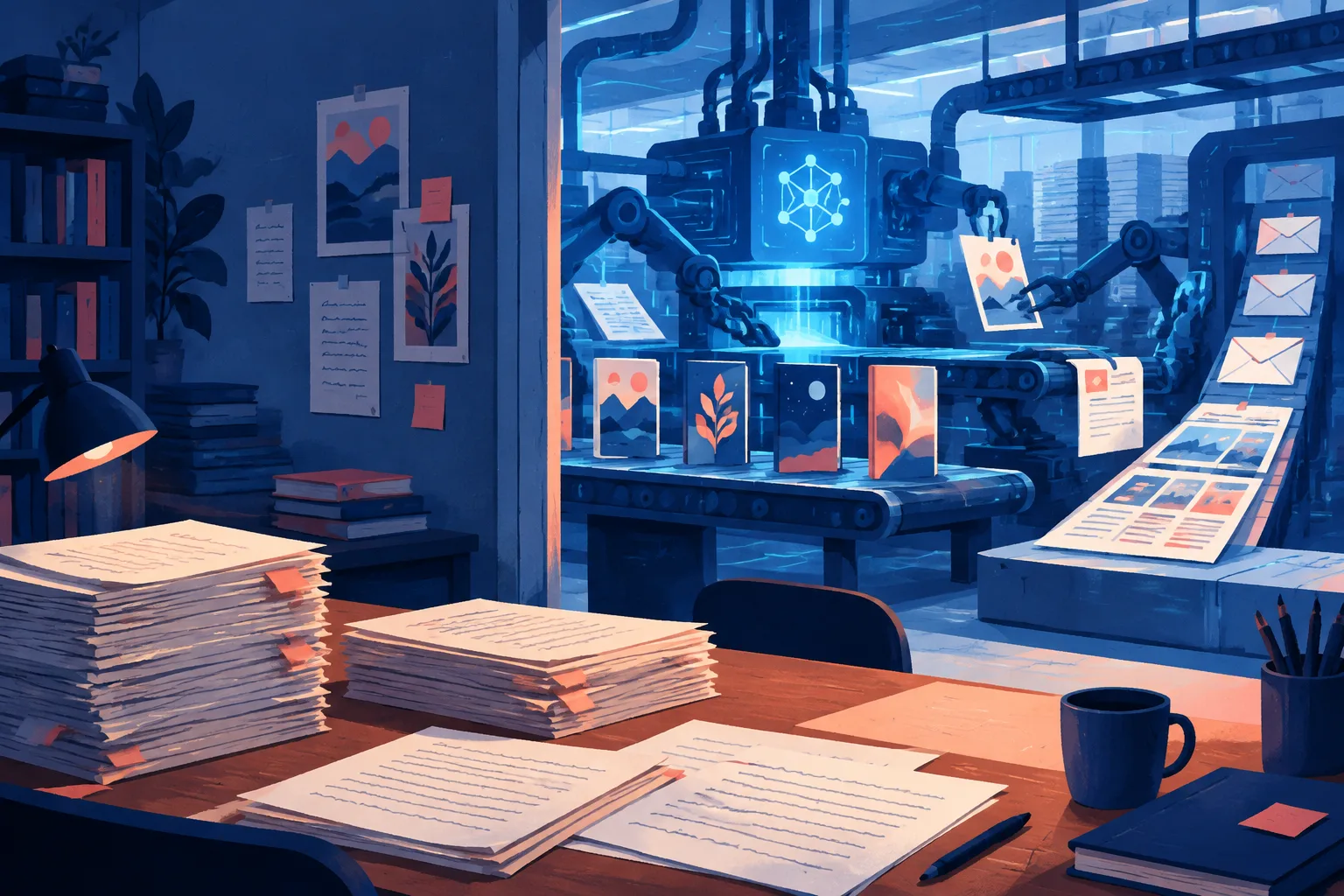 Hidden algorithmic machinery produces publishing materials behind a partially open wall.