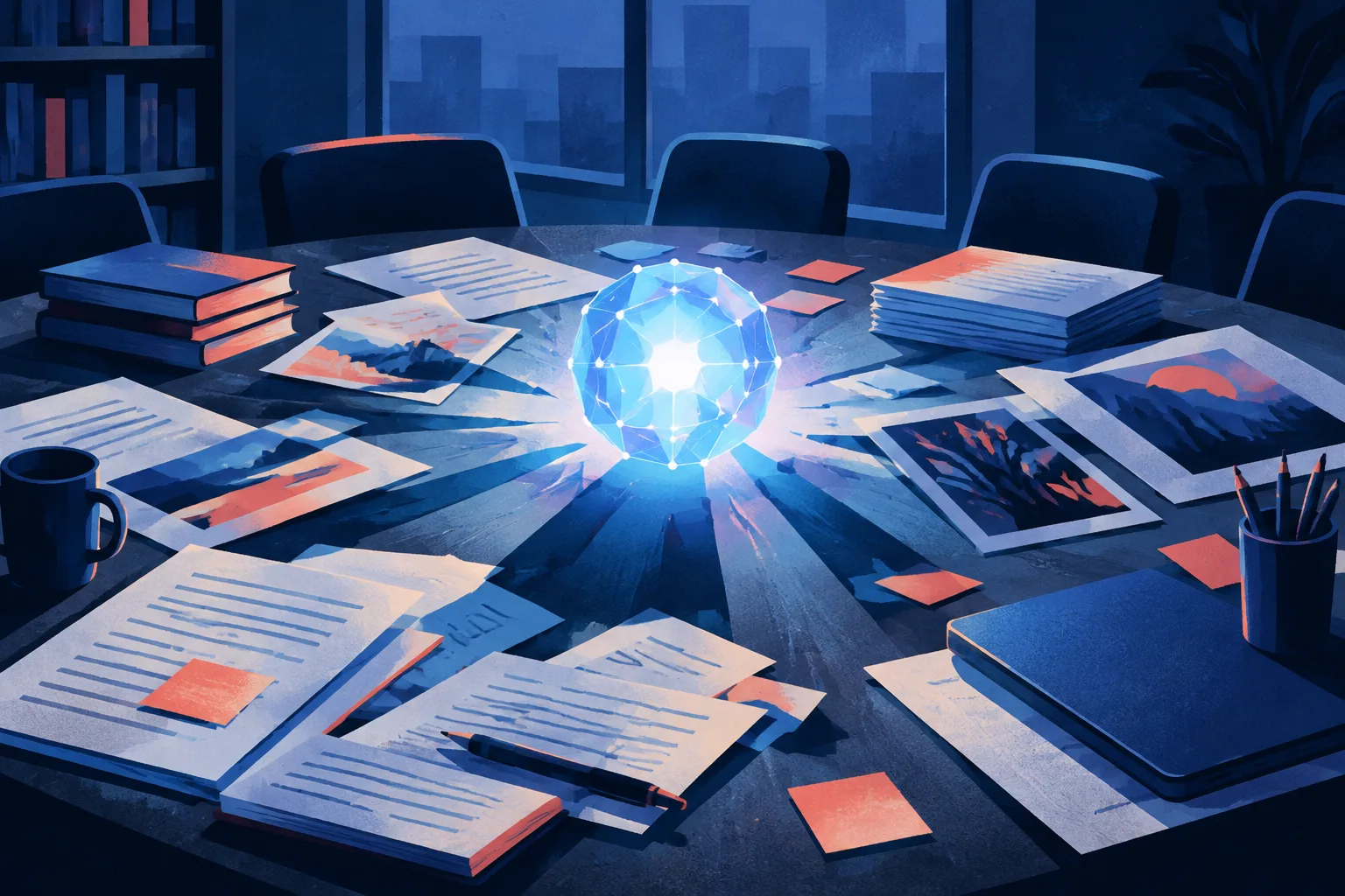 An AI token dominates a publishing meeting table surrounded by manuscripts.