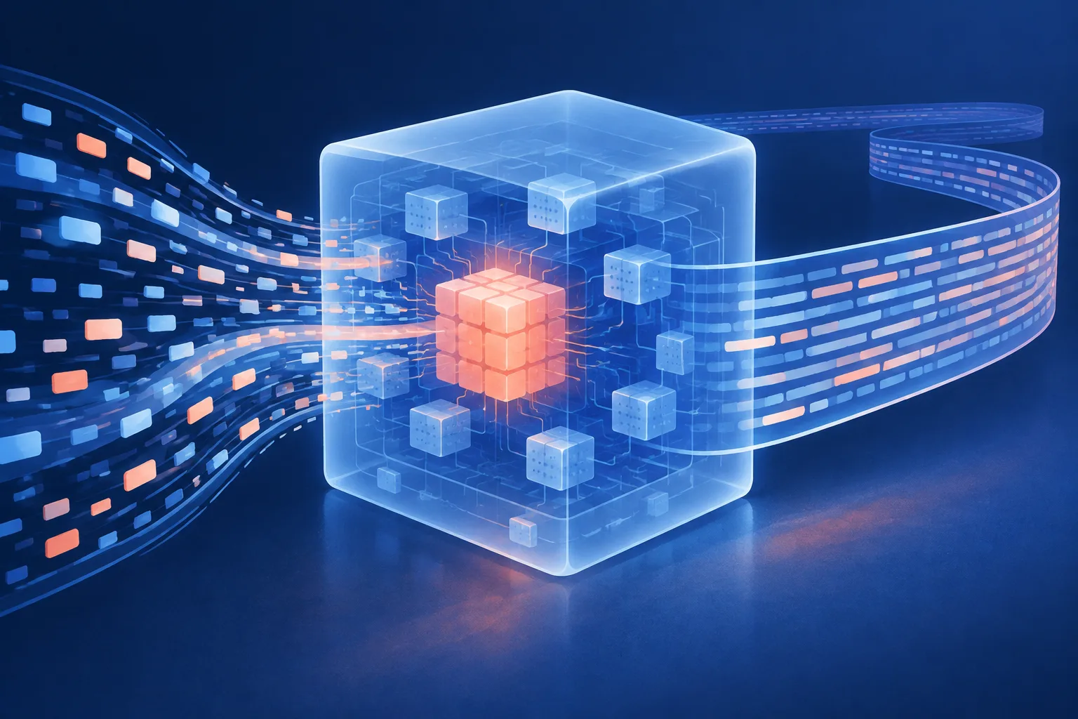 A large translucent AI model contains a smaller active engine amid token streams.