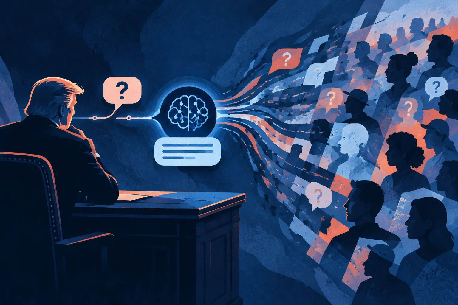 An AI response links a policy desk to uncertain signals from a distant public.