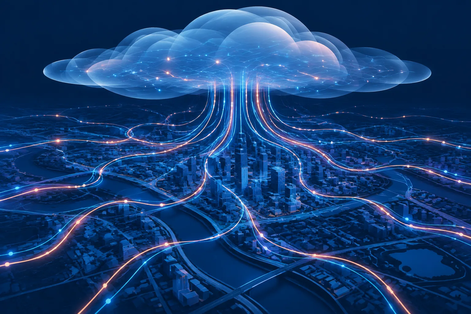 Abstract AI agent paths moving across a stylized city map beneath a cloud network.
