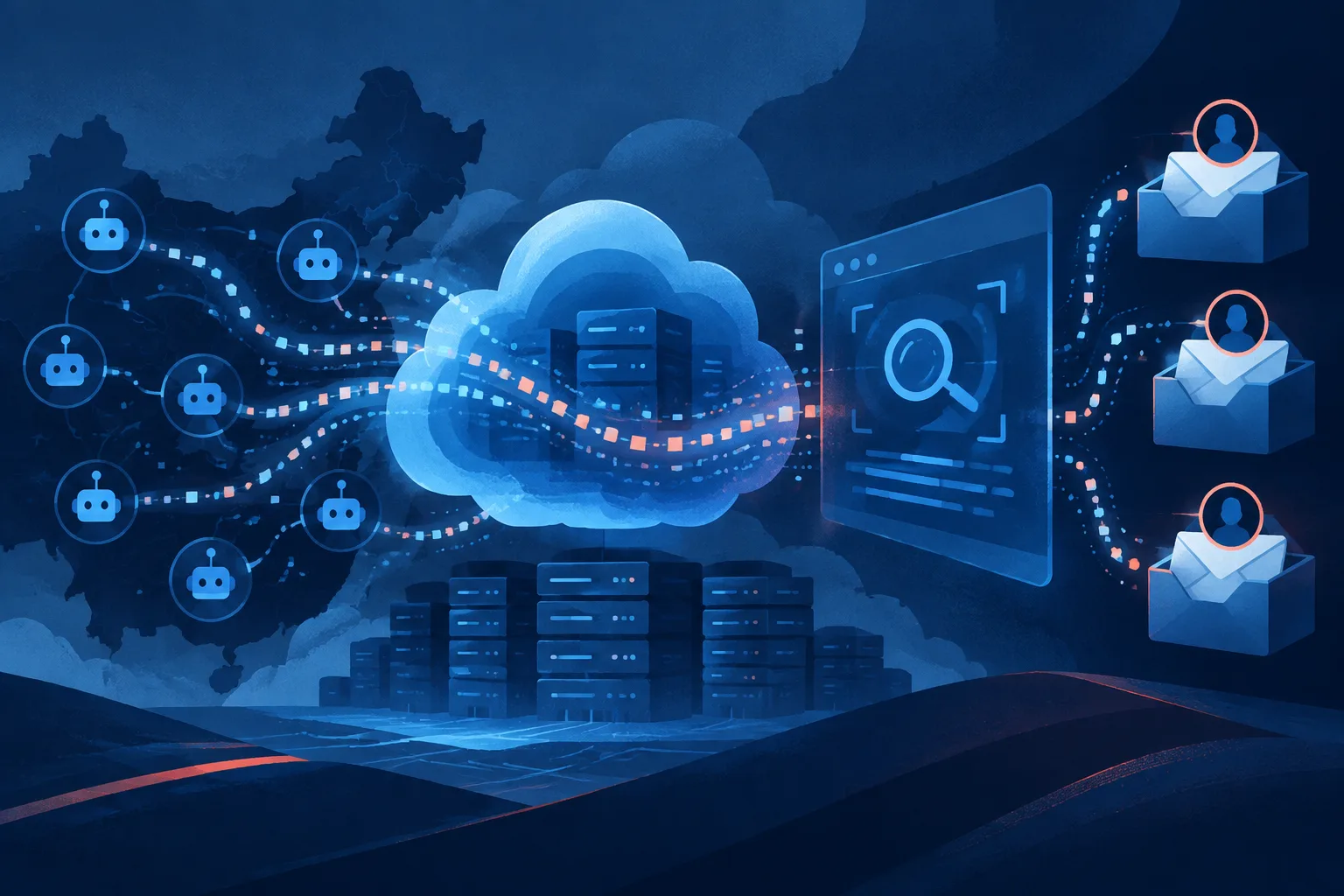 Digital traces pass through abstract cloud, scanner, and inbox symbols.