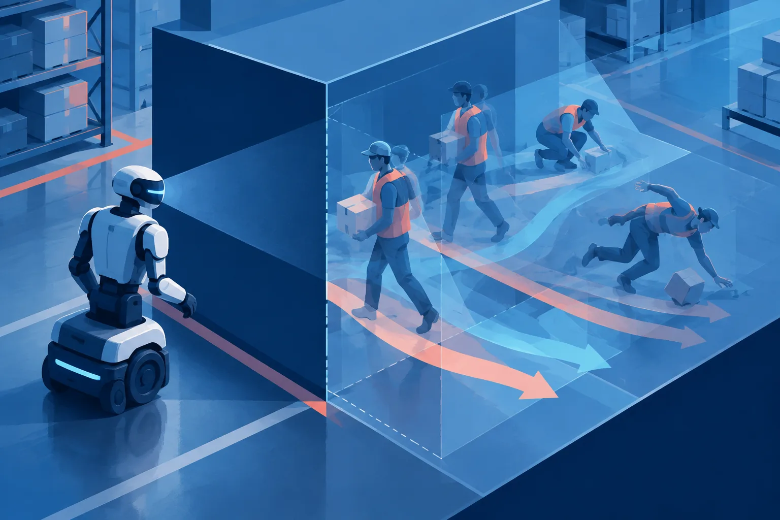Simulated workers test how a robot reacts at a factory blind corner.