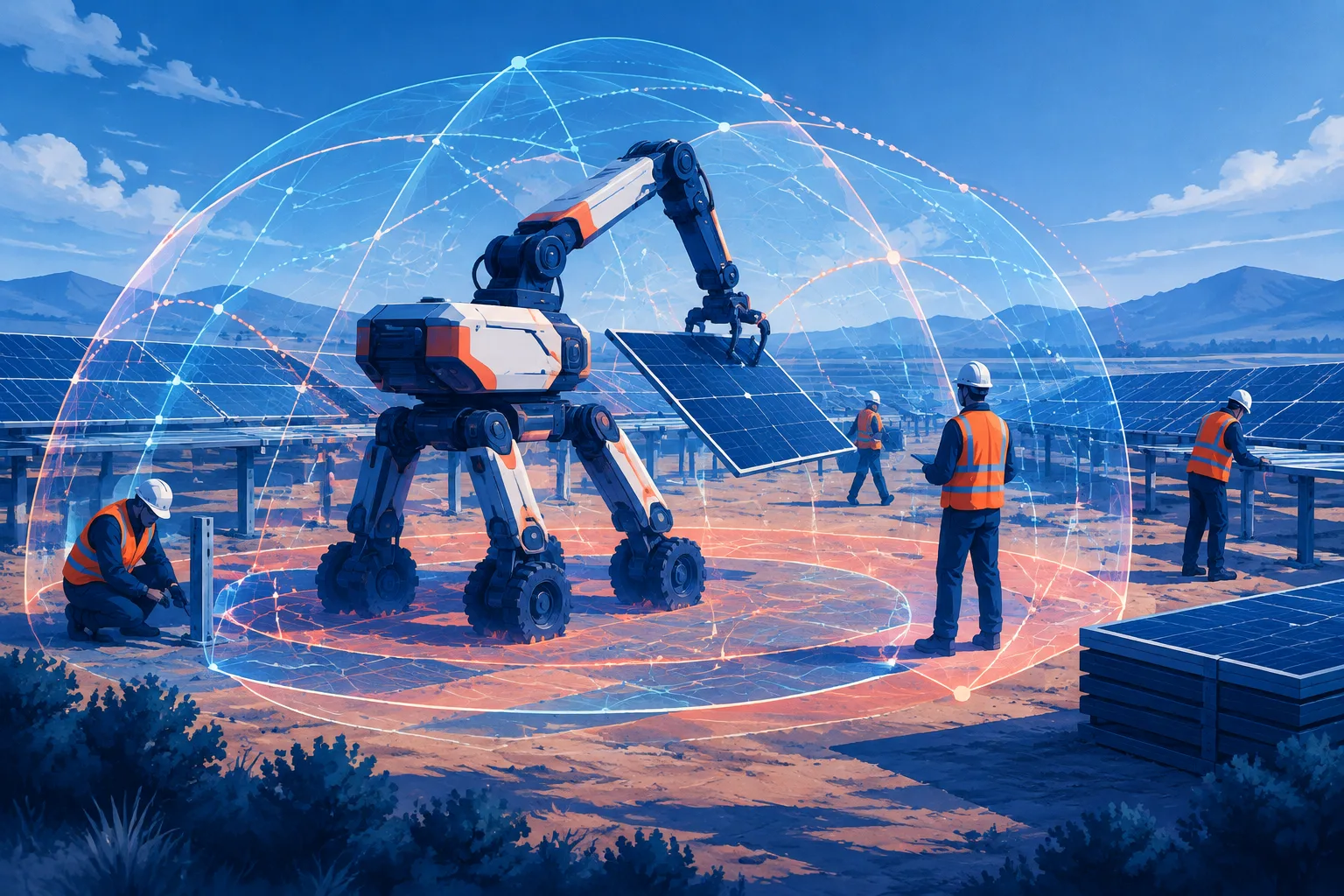 A construction robot and workers are surrounded by simulated safety trajectories at a solar farm.