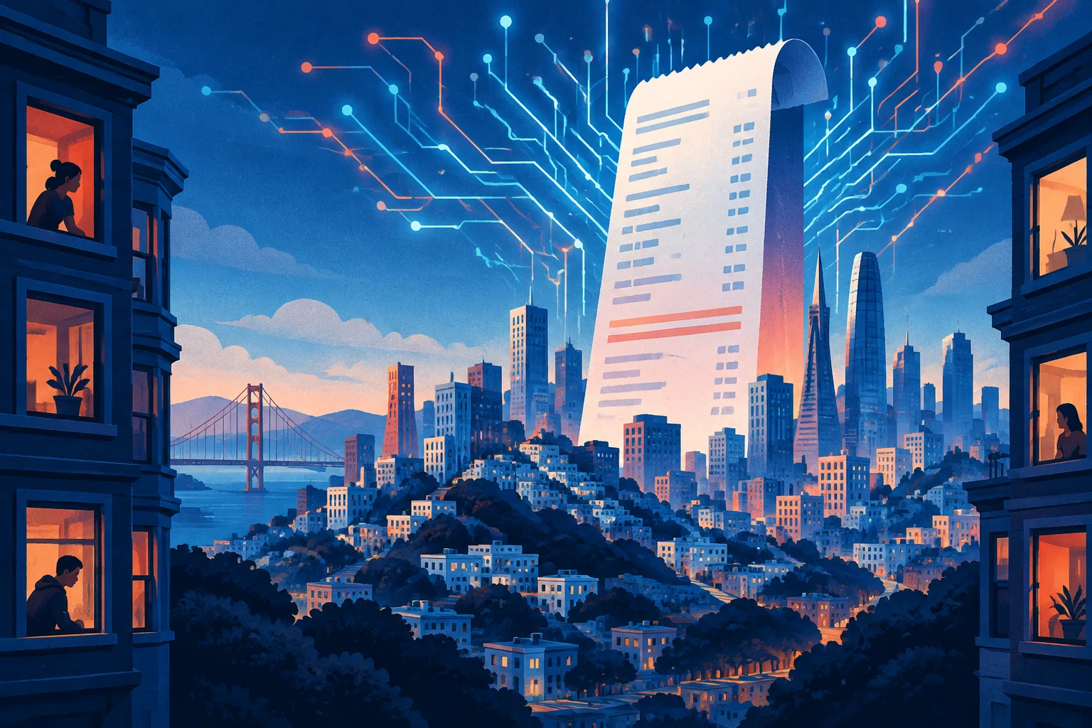 San Francisco’s skyline is overshadowed by a rising rent receipt and abstract AI circuitry.