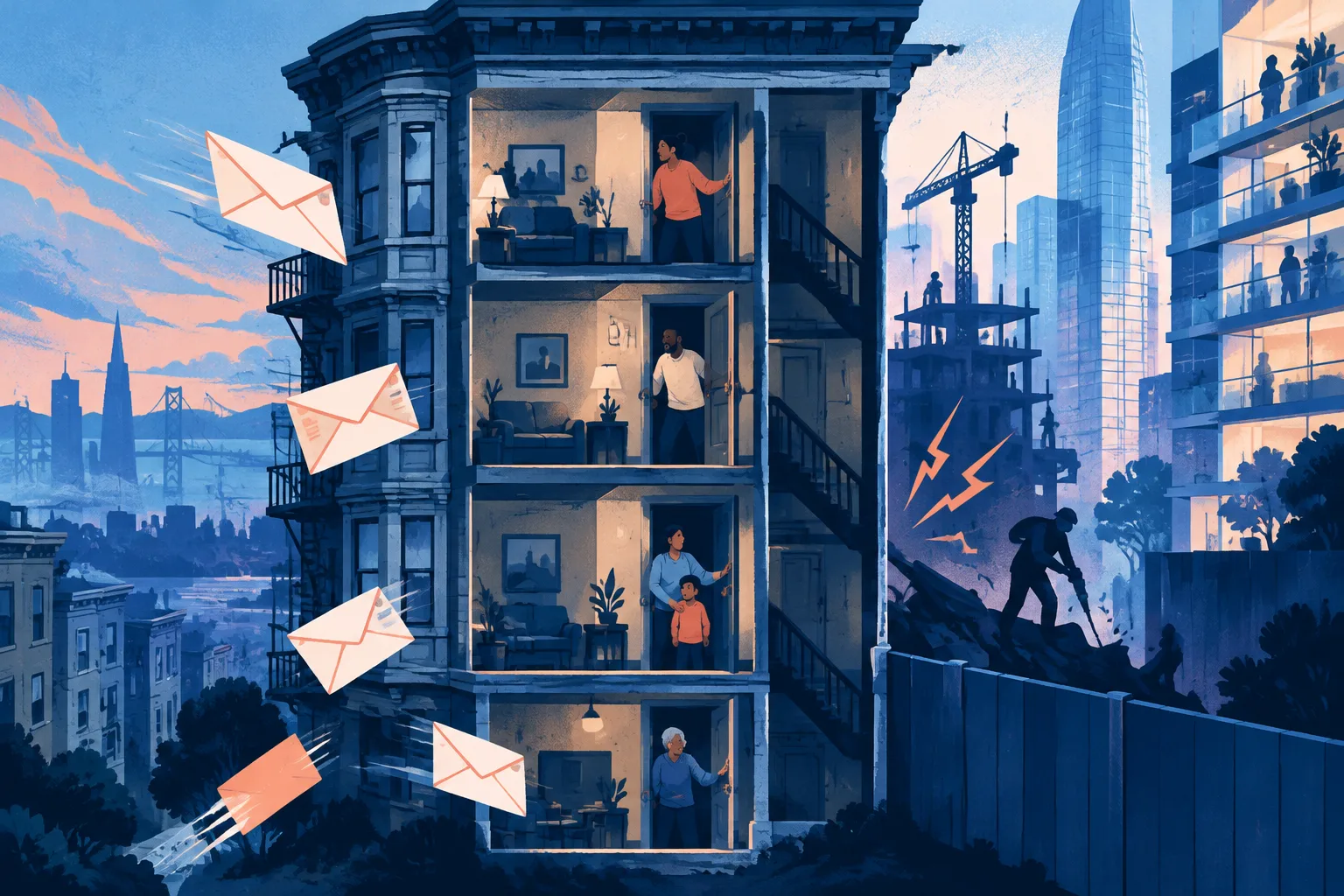 Tenants in an older apartment building face symbolic eviction and redevelopment pressure.