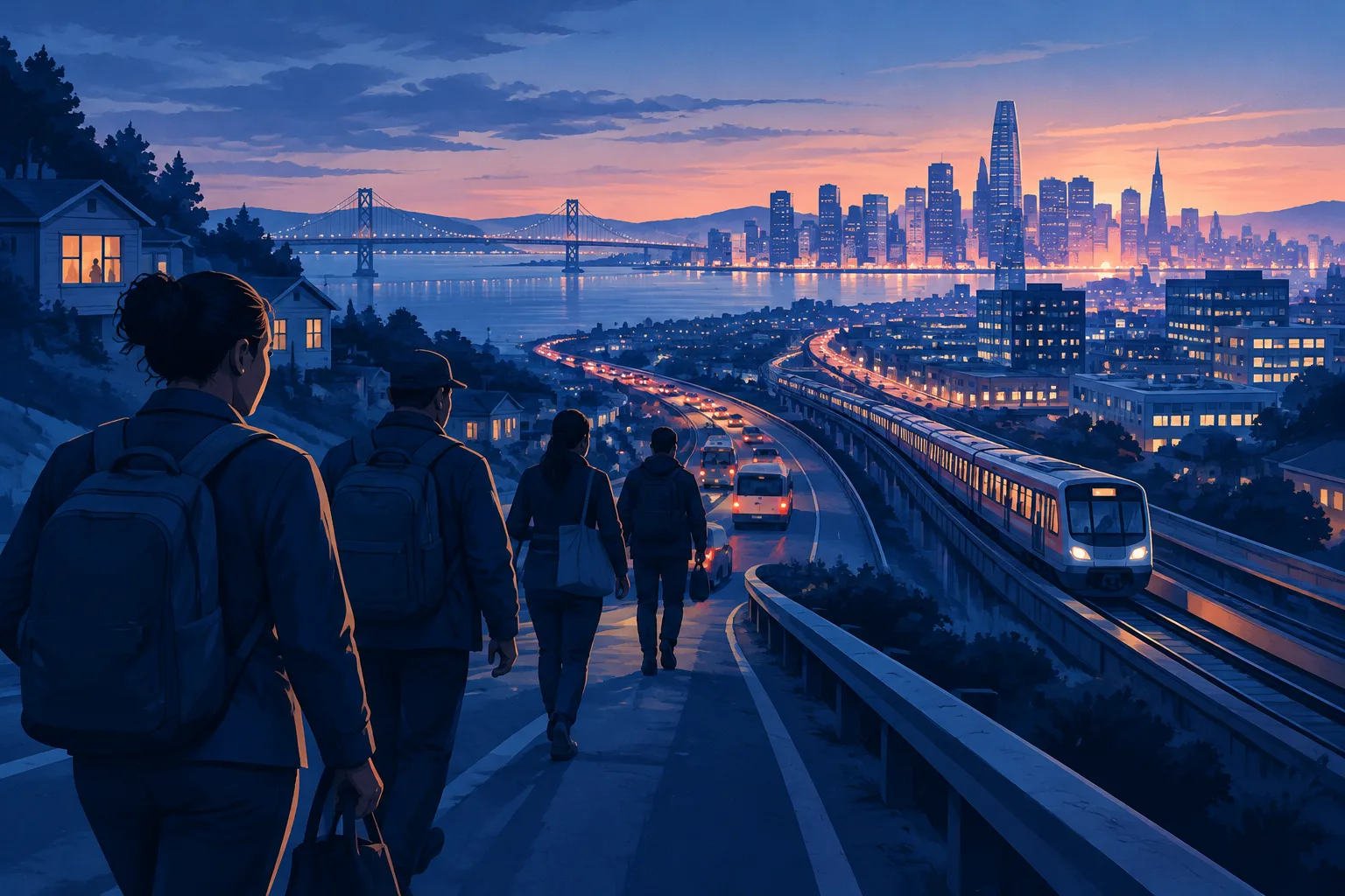 Service workers travel a long road and rail route toward San Francisco before sunrise.