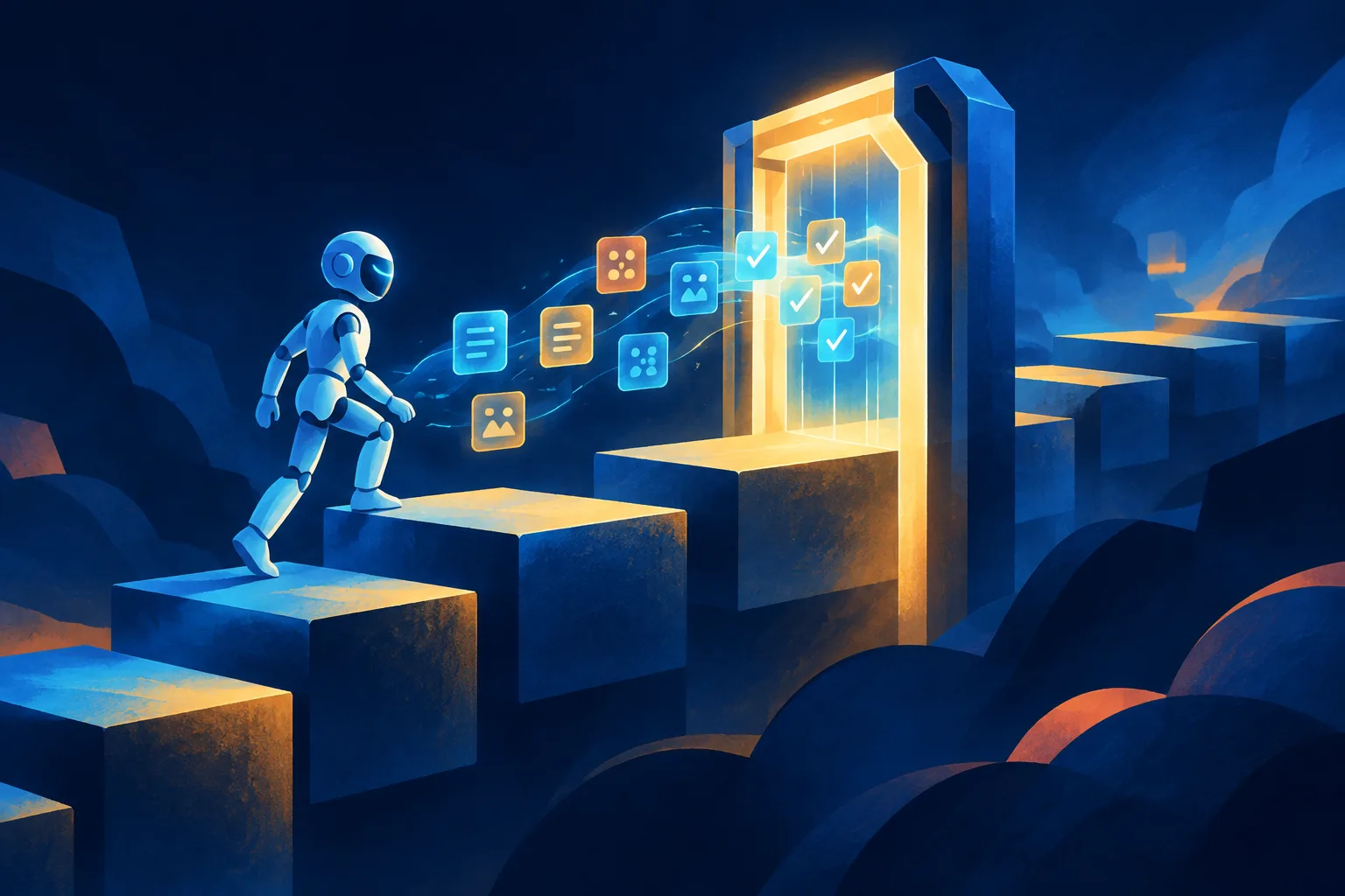 Abstract AI agent climbing toward a glowing gate that checks evidence tokens.