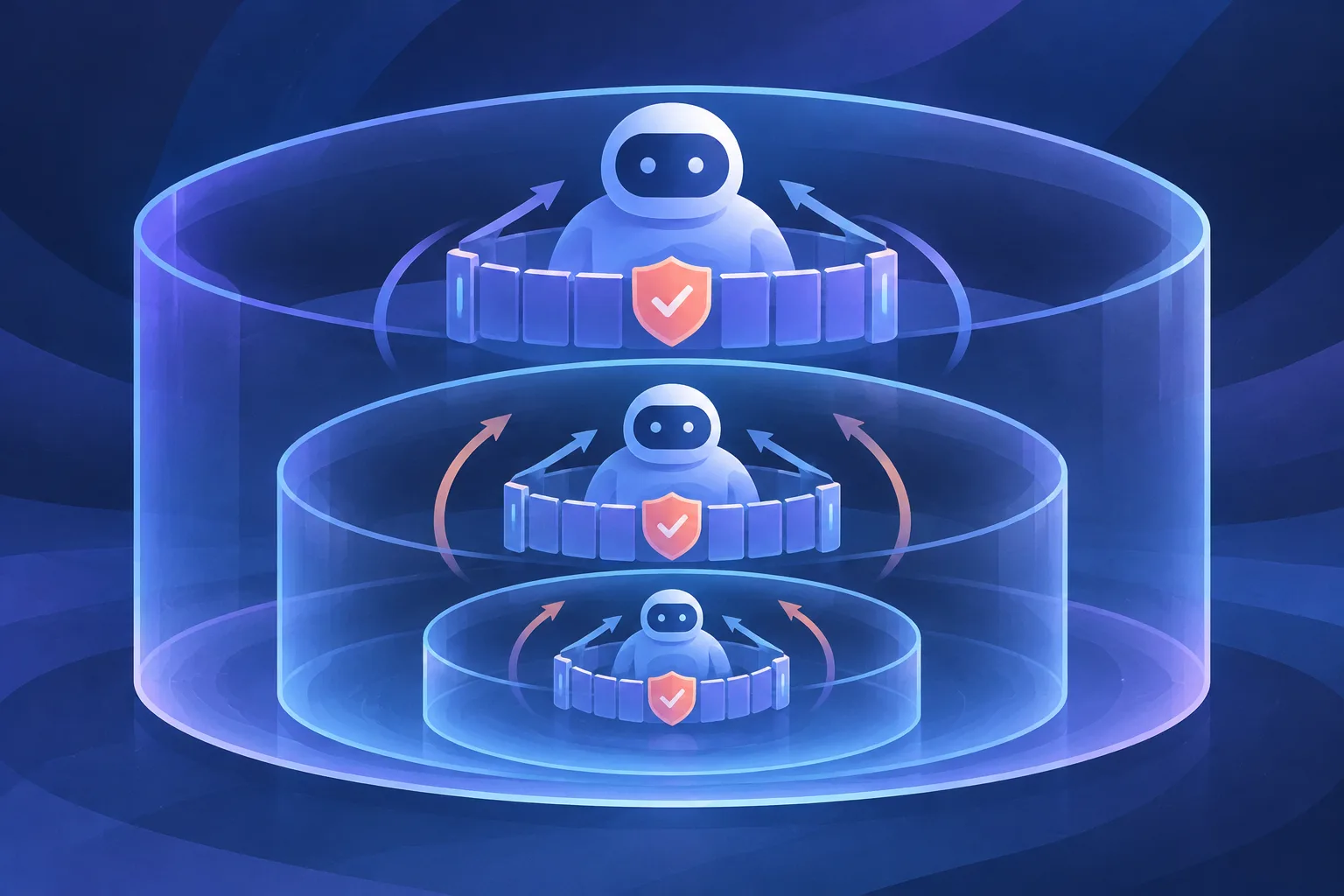 Nested AI agents remain enclosed by one fixed verification boundary.