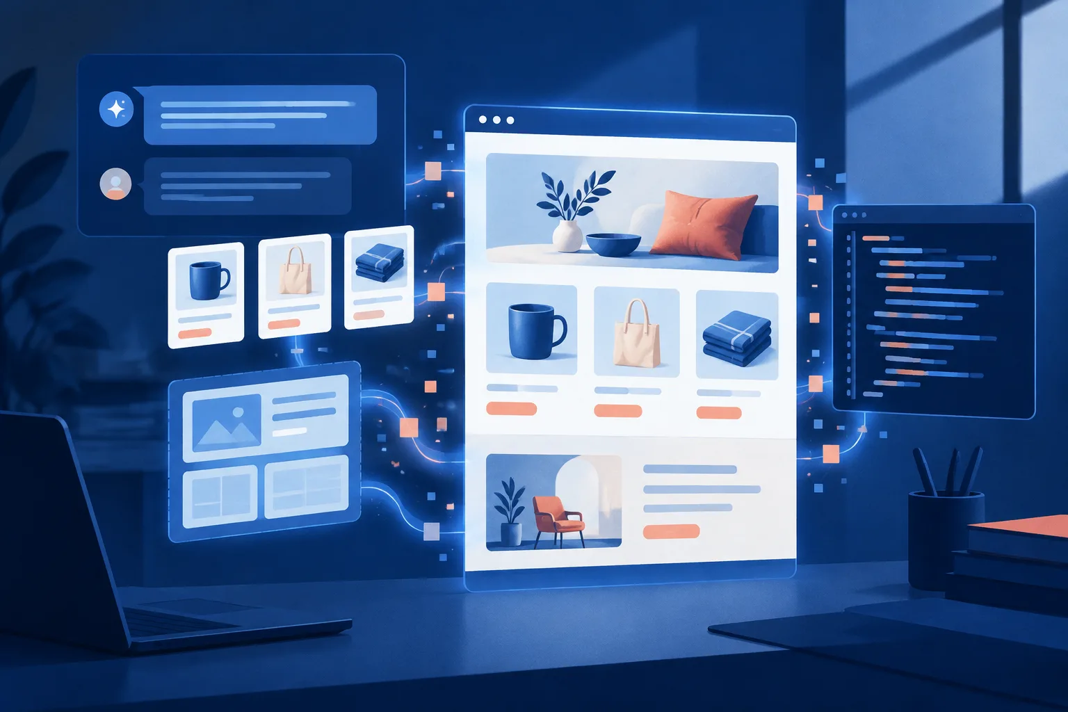 Editorial illustration of an online store assembling from conversational AI instructions.