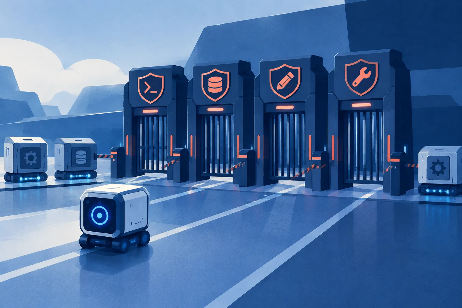 Editorial illustration of a small AI model facing four quality-control gates.
