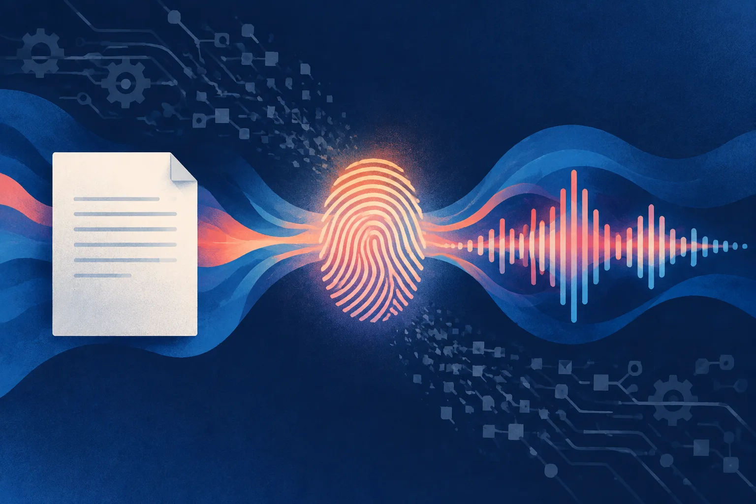 Human fingerprint shaping both a document and a musical waveform beside fading machine patterns.
