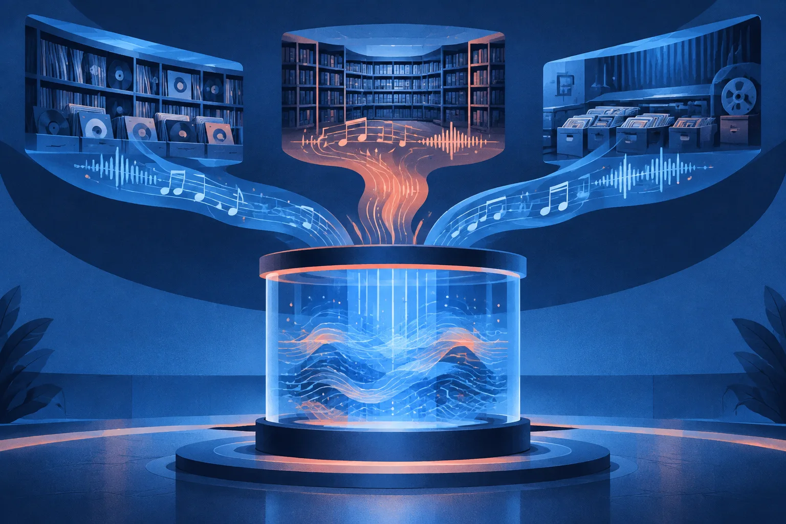 Three music archives feed licensed material into a shared AI training chamber.