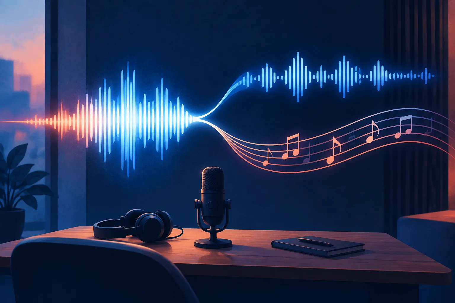 Editorial illustration of one sound wave becoming spoken narration and background music.