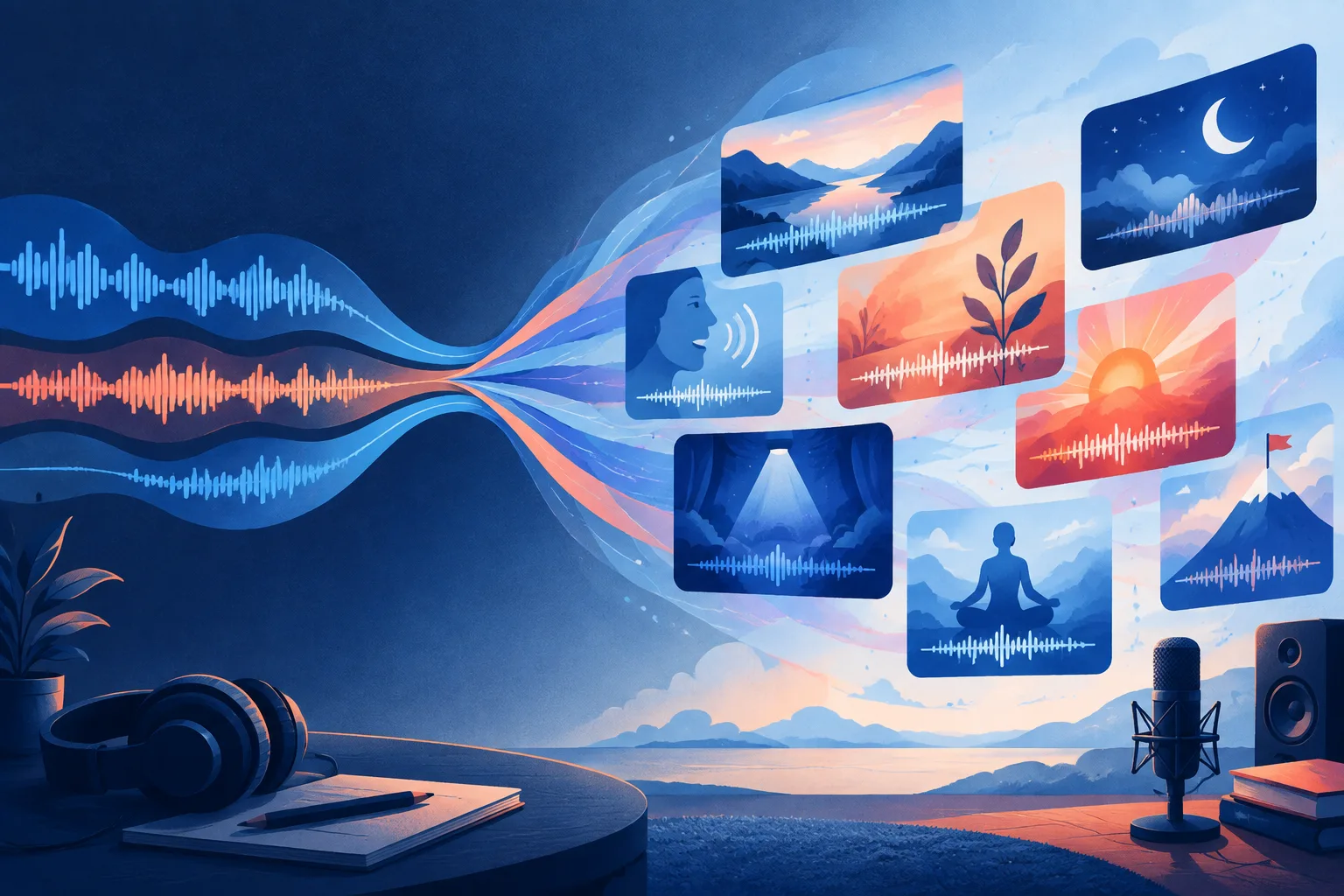 Illustration of generated voice and music expanding into a broader audio landscape.