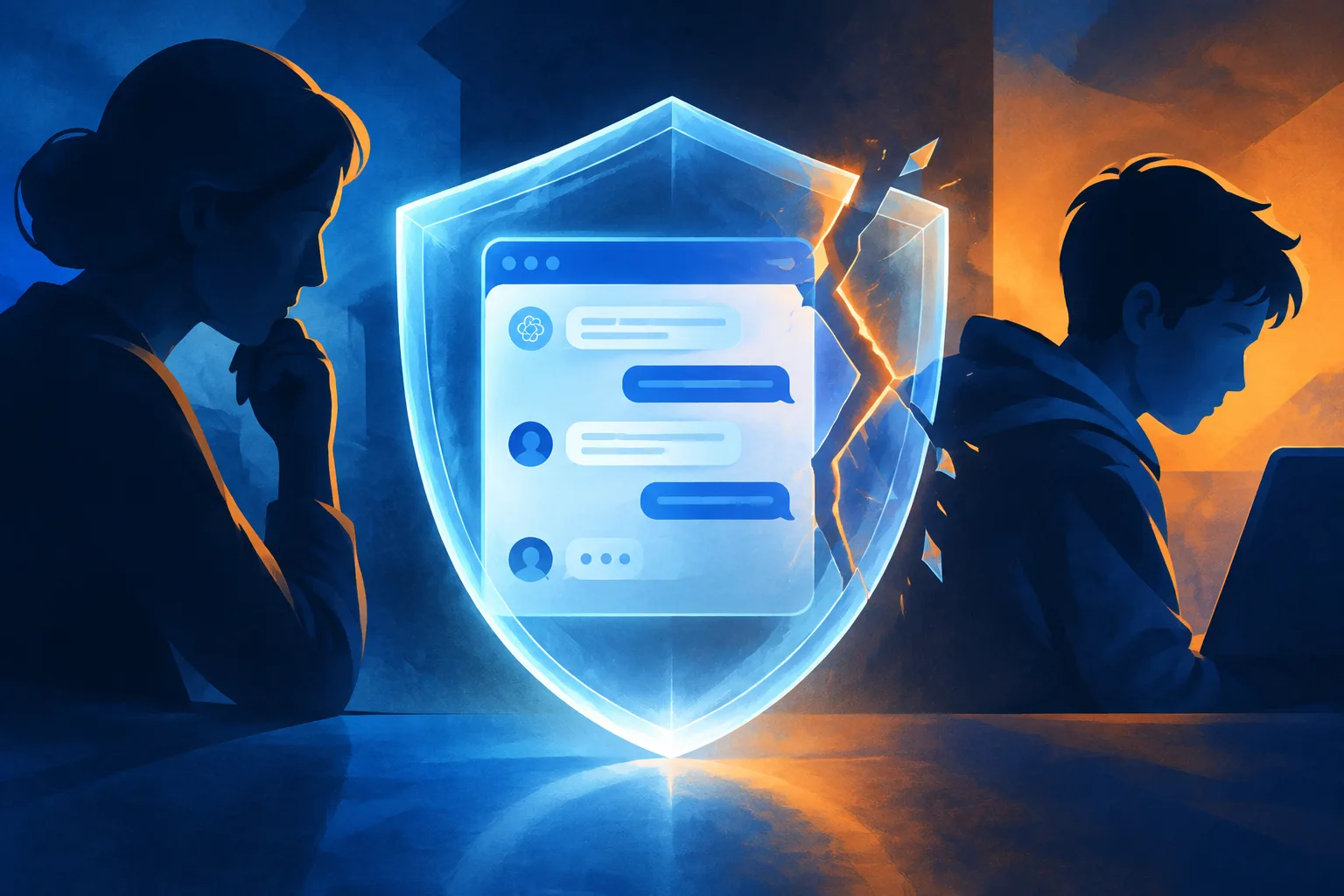 A chat window behind a cracked safety shield between abstract parent and teen silhouettes.