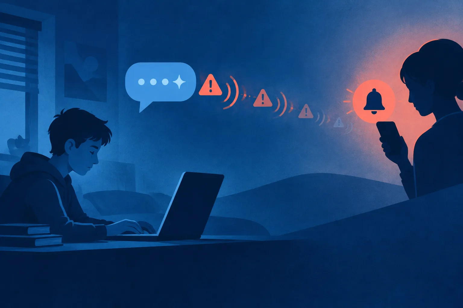 Warning signals from a chat bubble fading before reaching a parent notification bell.