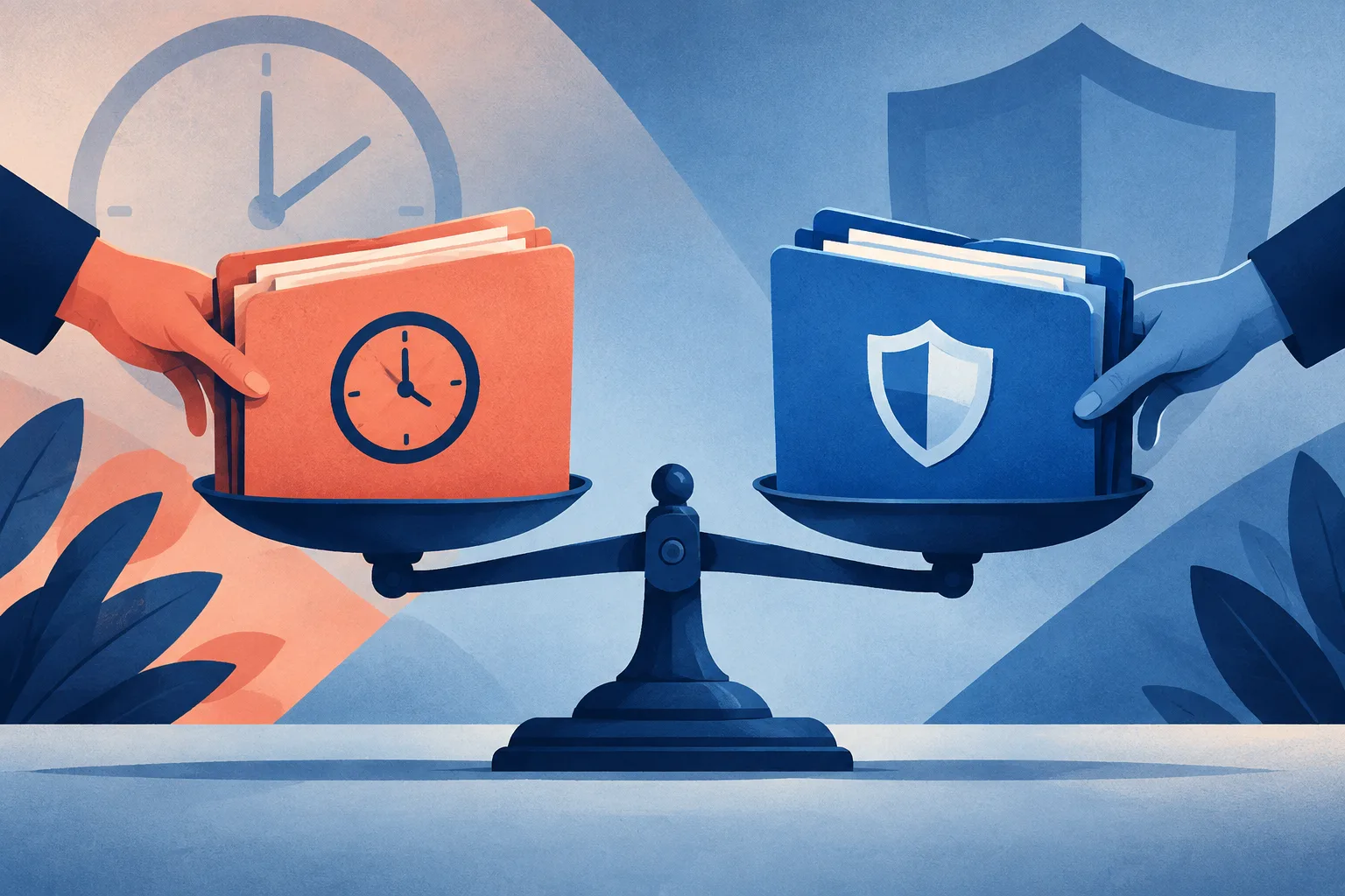 Evidence folders with clock and shield symbols balanced against each other.