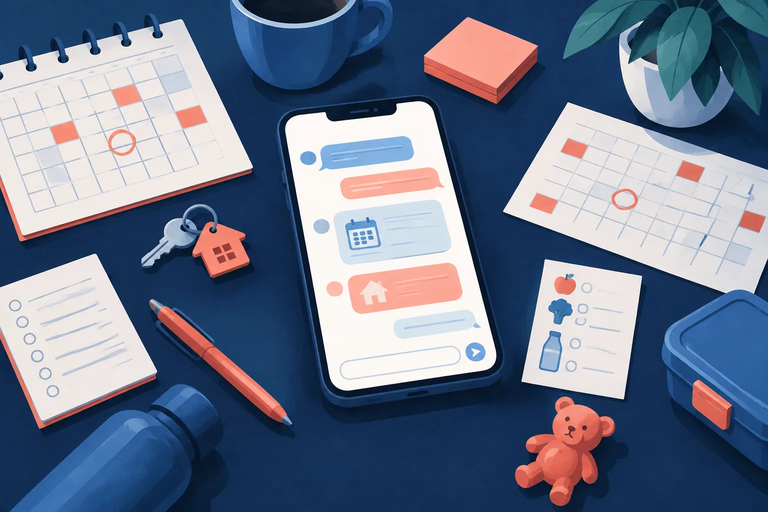 Conceptual illustration of a phone surrounded by calendar and reminder objects.
