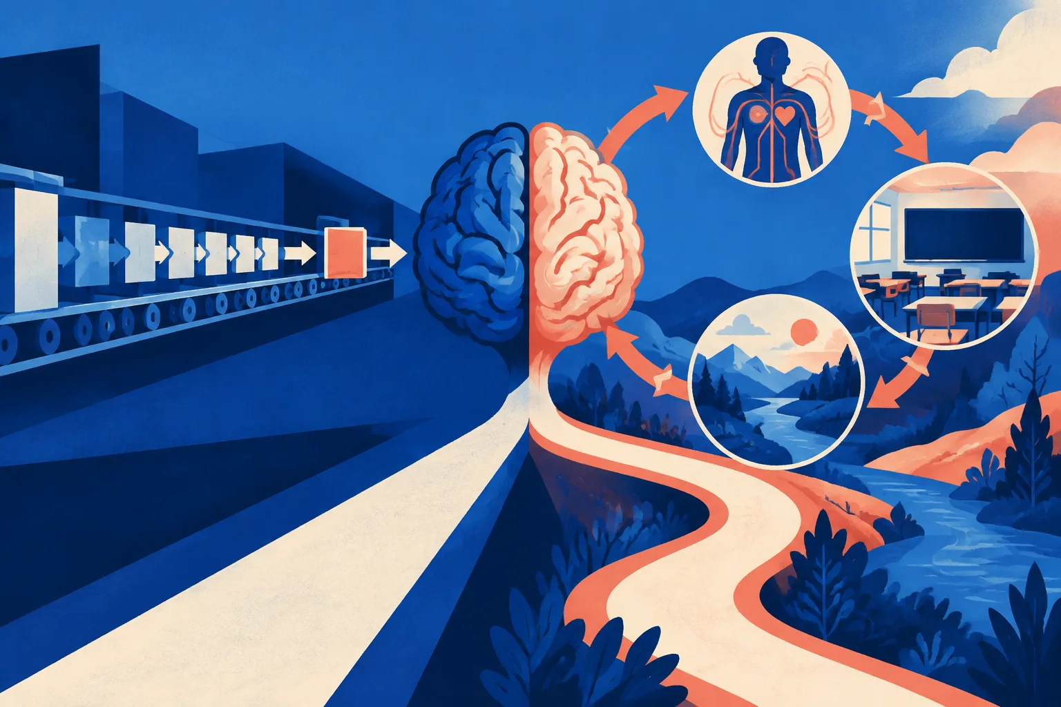 Abstract brain choosing between a rigid computer pipeline and a living feedback loop.