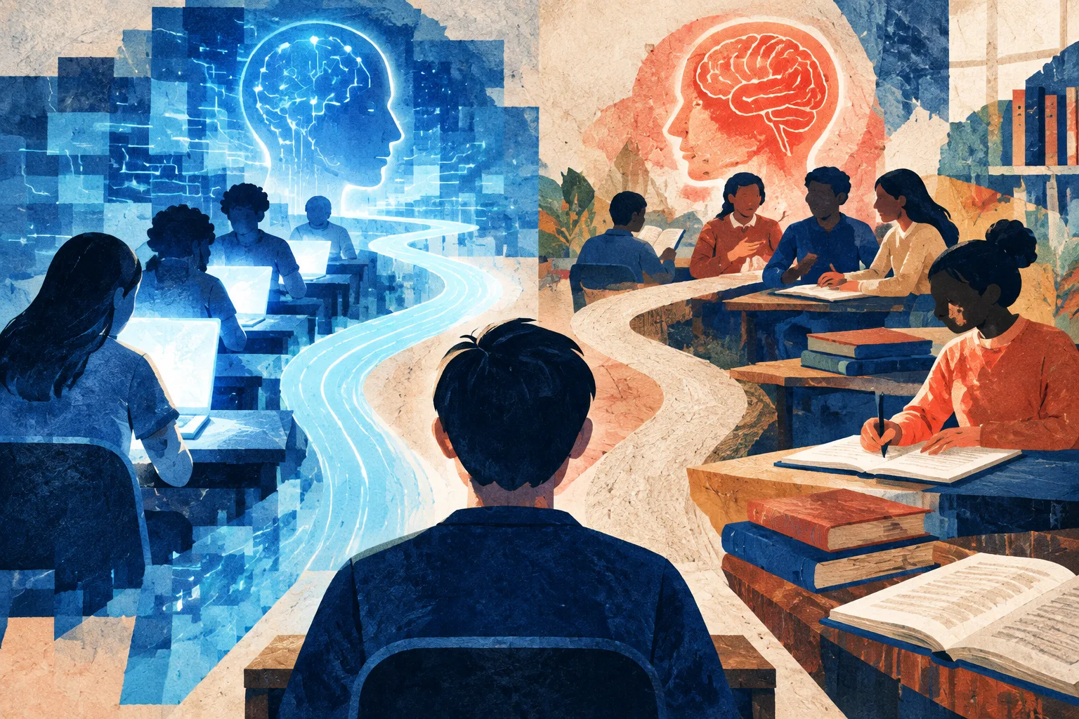 Anonymous students choosing between AI shortcuts and effortful collaborative learning paths.